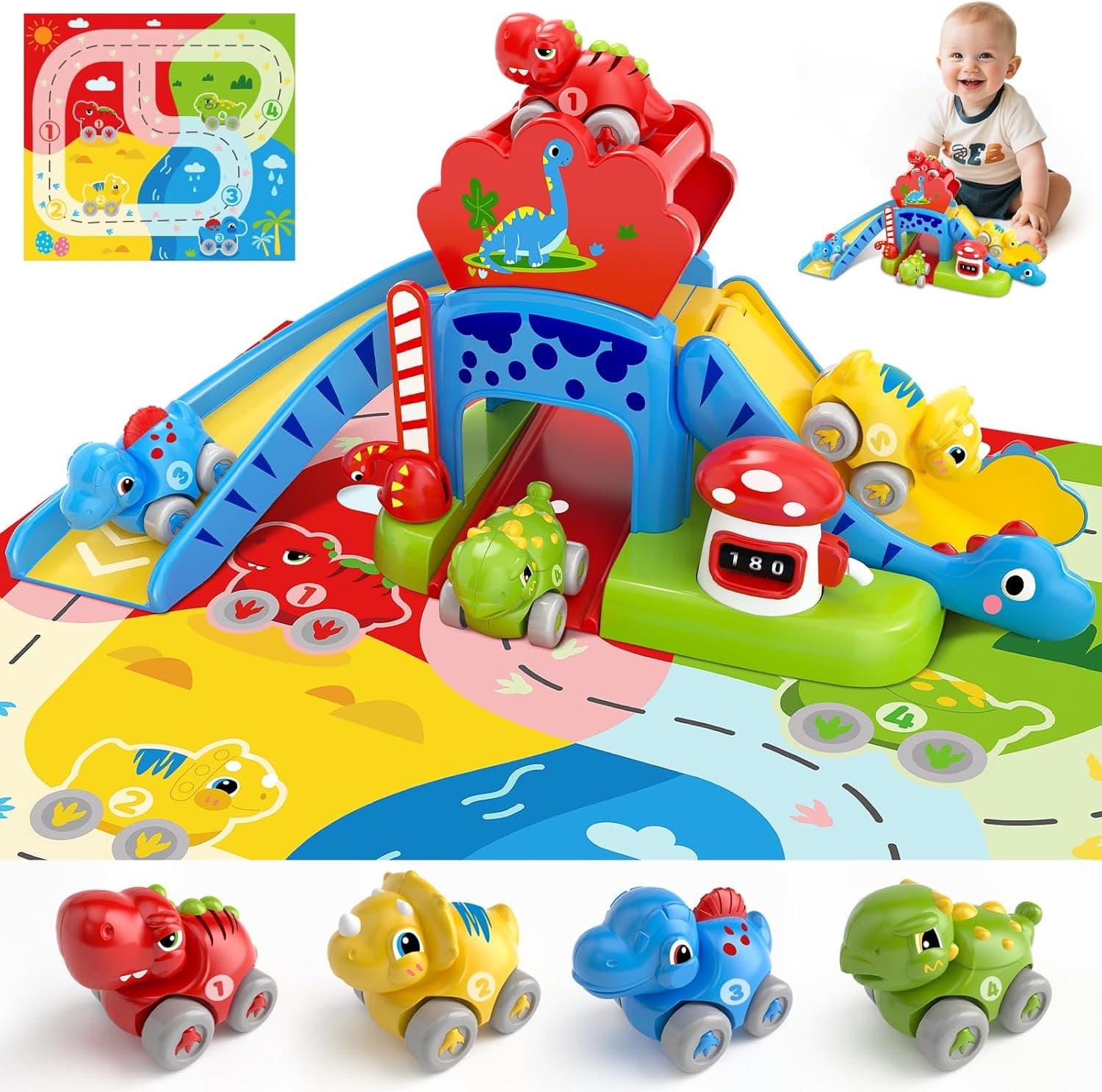 Toddler Toys for 1 2 Year Old Boy Gifts - Educational Dinosaur Slide Set with 4 Color/Number Push Cars and Playmat, Montessori Learning Toy for Baby 12-18 Months, 1st Birthday Present Ages 1-2, Red - image 1