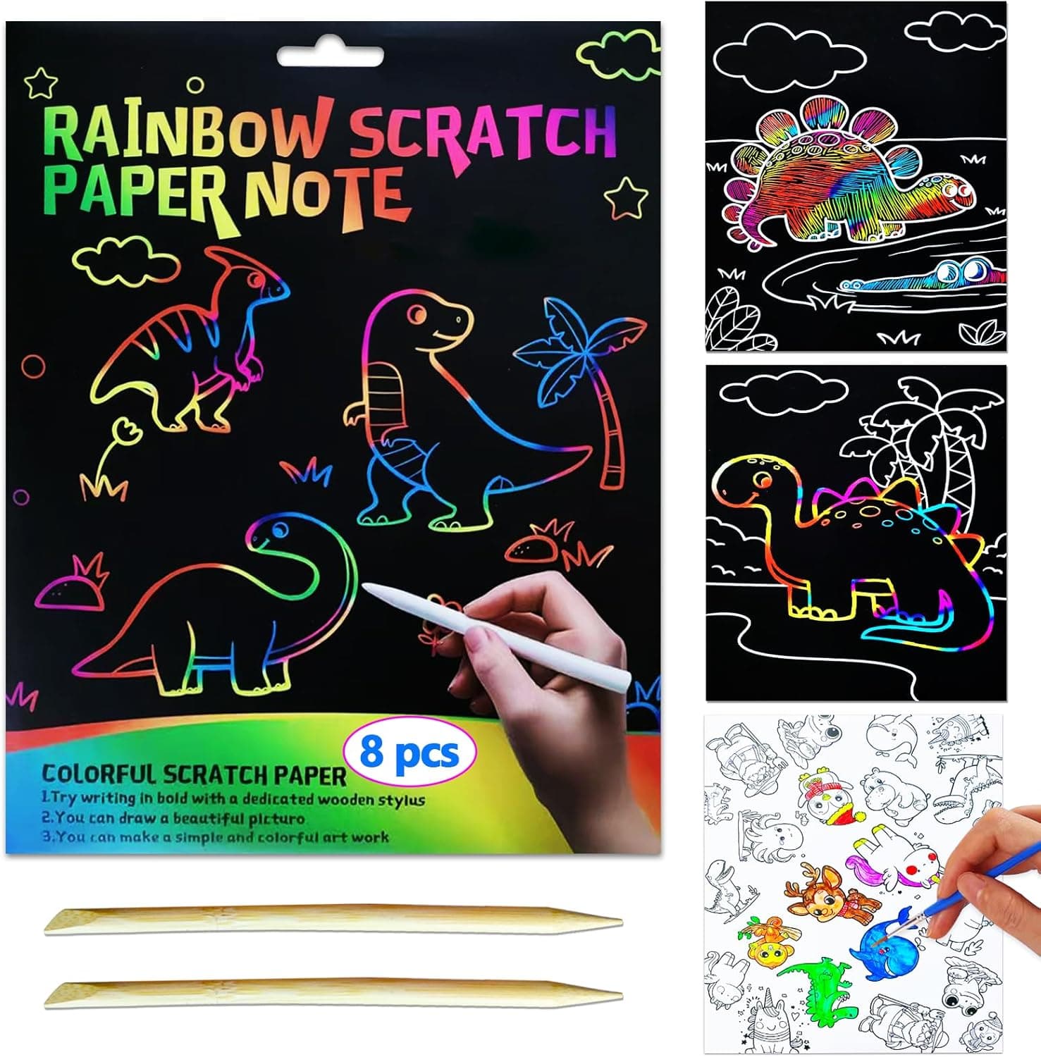 JUNQIU Scratch Art for Kids, Rainbow Scratch Paper Art Set - Dinosaurs, Arts and Crafts for Girls Boys Ages 4-8, Activity & Christmas Crafts, Stocking Stuffers for Kids