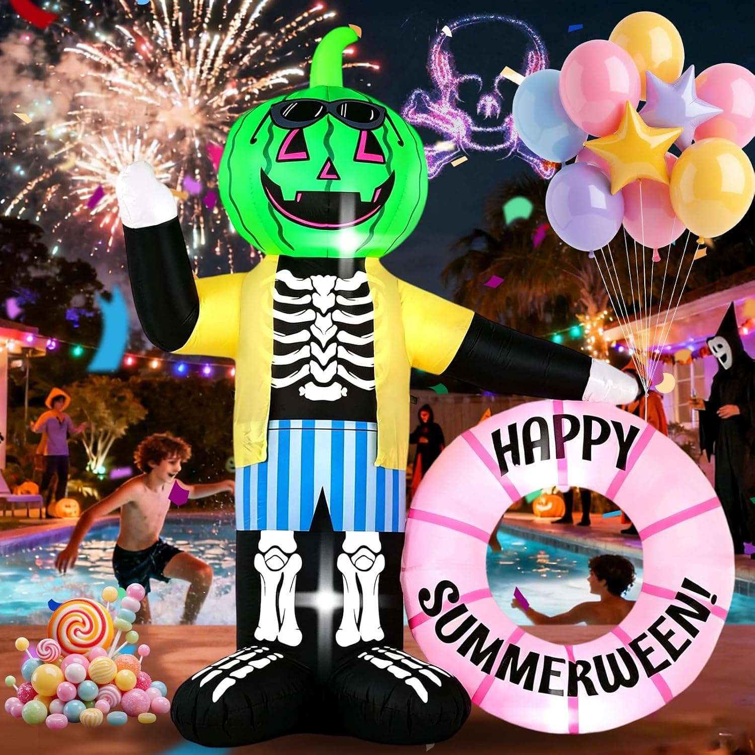 6FT Watermelon Zombie Holding Flower Wreath Inflatable Decoration with Built-in LED Lights for Halloween & Summer Parties