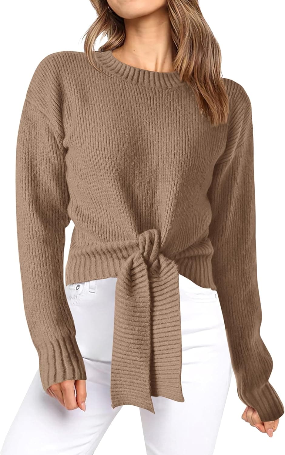 Okiwam Women's Long Sleeve Cropped Sweaters Casual Knit Pullover Tie Front Crew Neck Fall Outfits Spring Fashion Clothes 2026 - image 1