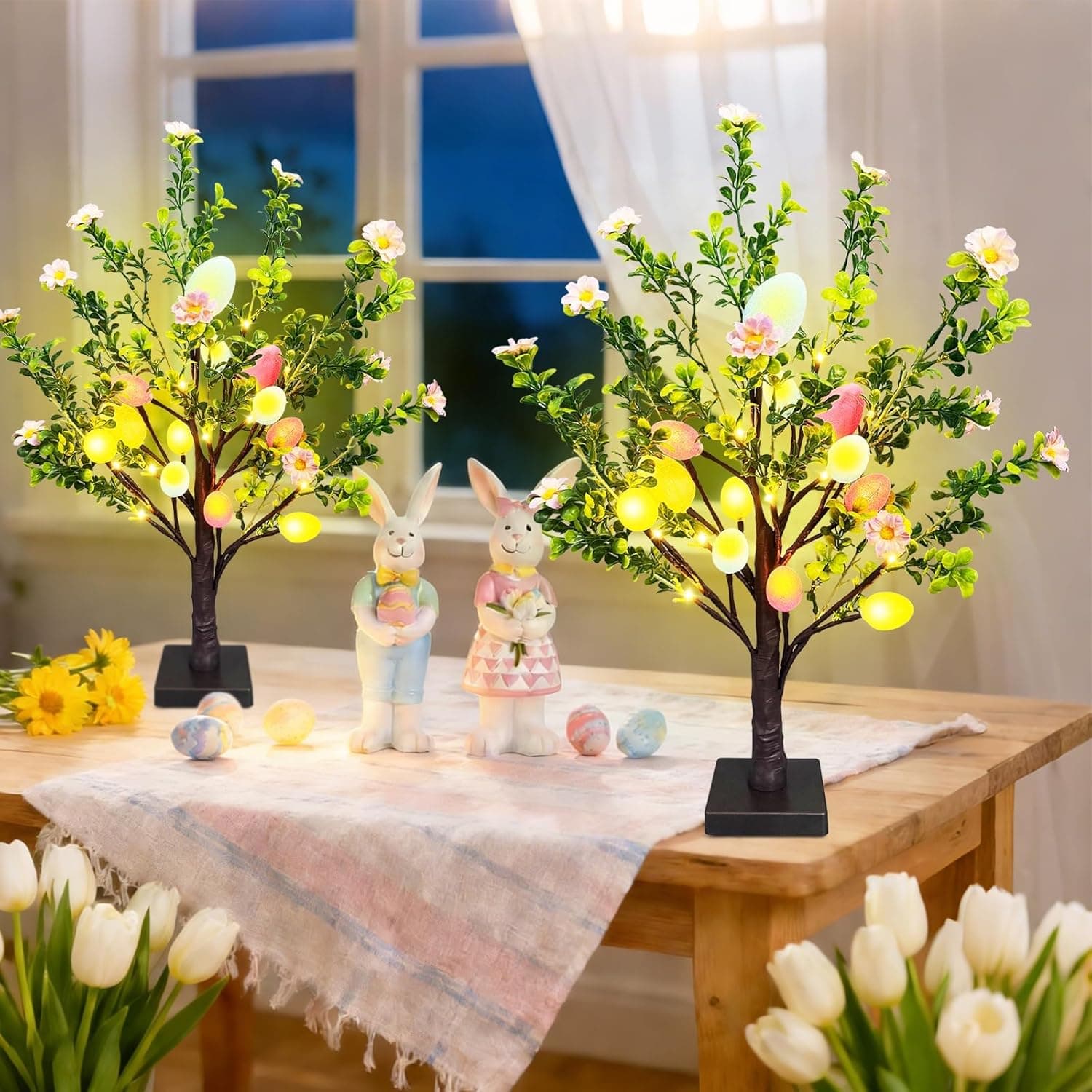 2 Pack 22" Lighted Easter Tree Decorations with 24 Pink Flowers & 24 Eggs, Battery Operated Tabletop Artificial Spring Tree with Timer, DIY Prelit Easter Decor for Home Indoor Centerpiece - image 1