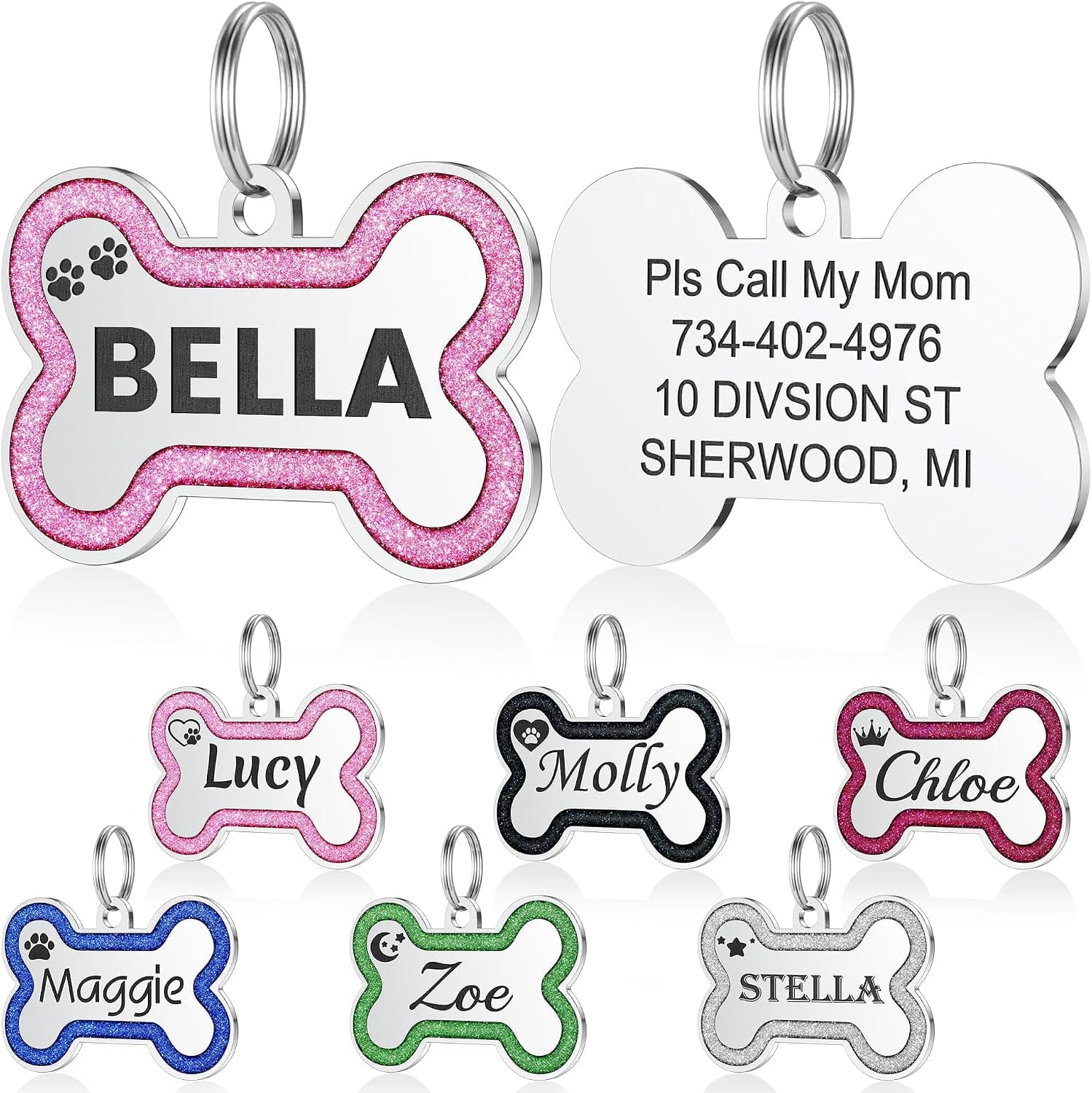 Dog Tags Personalized for Pets - Durable Stainless Steel Pet ID Tags with Lovely Icons, Glitter Bone Custom Dog Tags for Large Small Dogs Cats, Dog Name Tags Engraved On Both Sides（S, Pink）