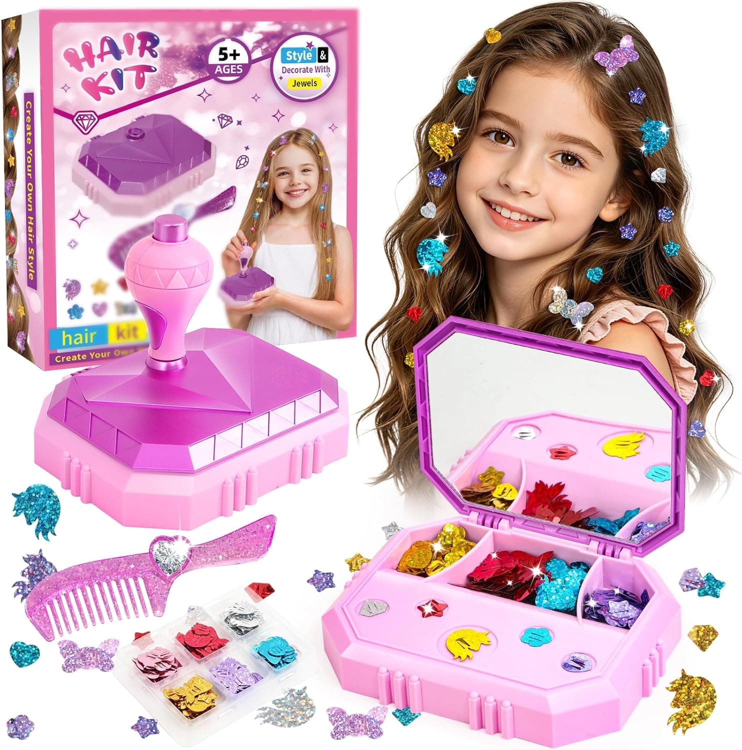 Hair Gem Stamper Kit – Hair Jewelry & Bling Craft Toys for Girls – Sparkling Hair Accessories with Glitter Sequins – DIY Hair Arts Crafts – Birthday Gifts for 5 6 7 8 9 10 11 12 Year Old (Purple Lid)