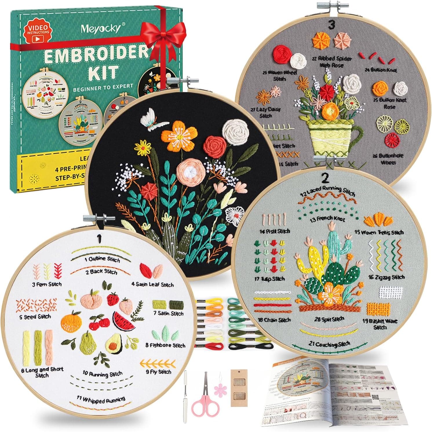 Meyocky Embroidery Kit for Beginners, 4 Pack Starter Embroidery Kits for Adults Learn 31 Stitches with Simple Patterns, Step-by-Step Video Stitch Practice Sampler Kit,Gift for Women Craft Lovers