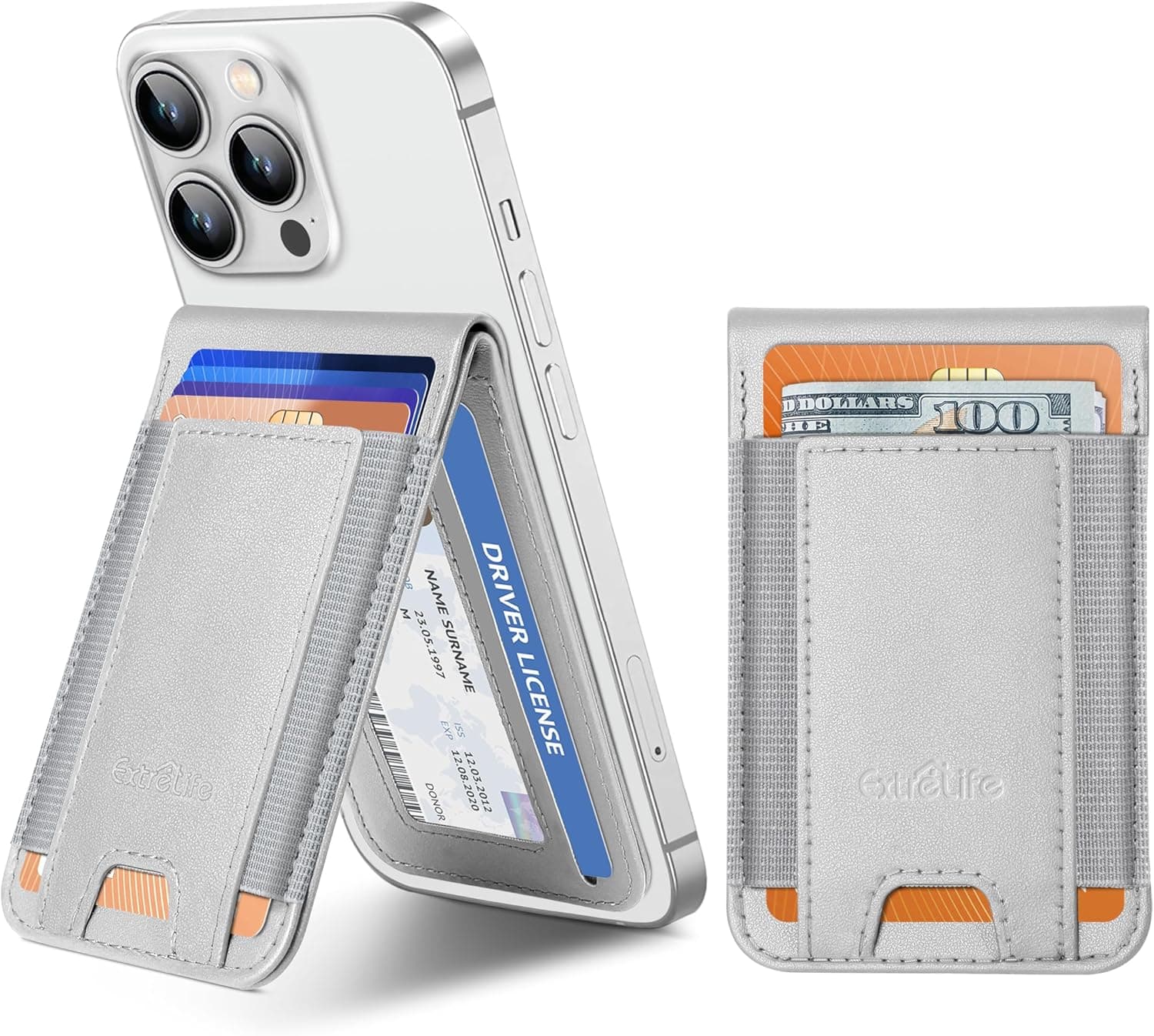 Phone Wallet Stick On, Upgraded Phone Wallet with Adjustable Stand, Open ID Window, 8-Card Holder, Stronger 3M Adhesive Credit Card Holder for Back of Phone Case, iPhone, Samsung and Android, Gray - image 1
