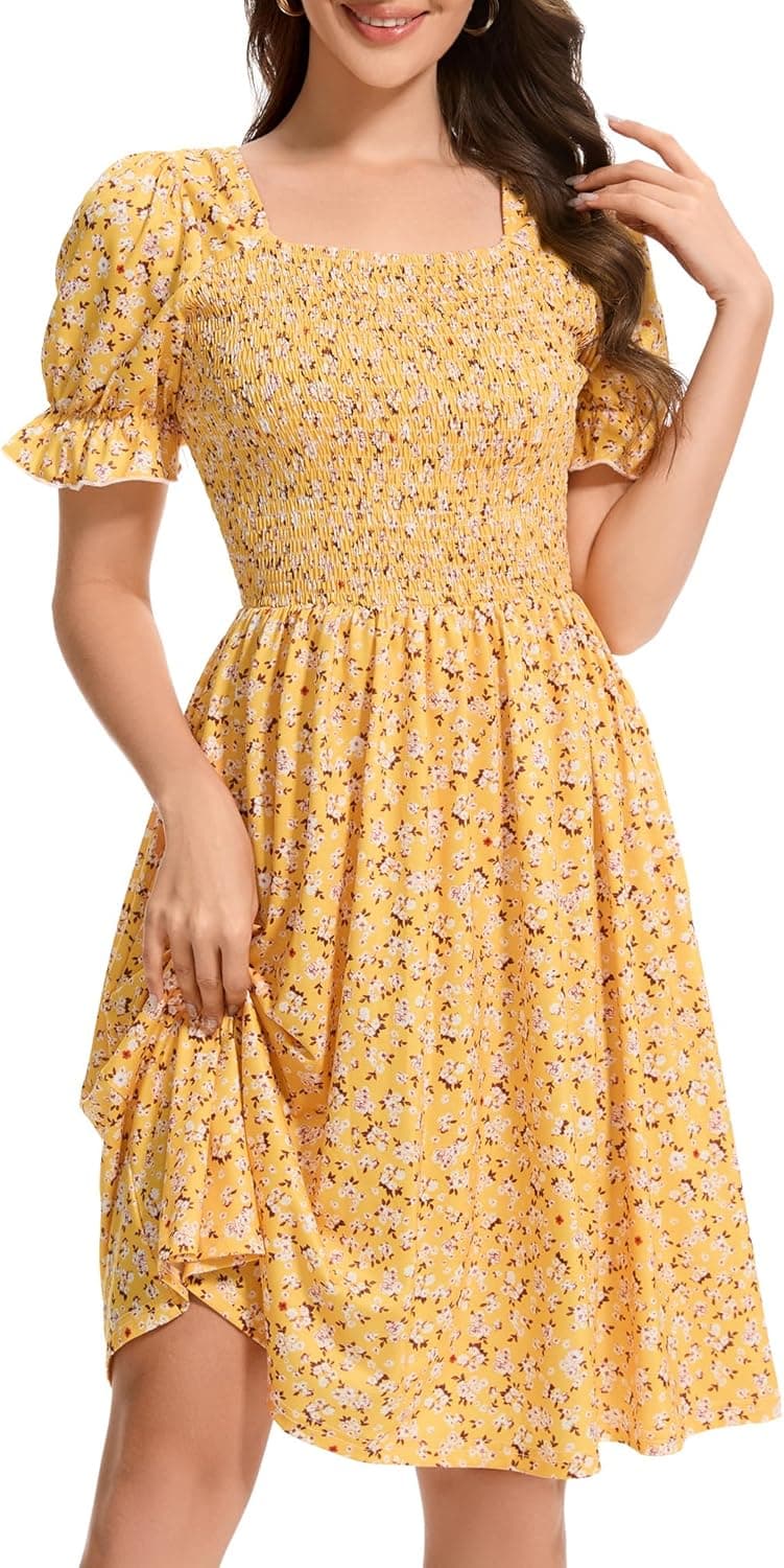 Womens Summer Dress- Square Neck Puff Sleeve Smocked Ruffle Hem A-line Mini Short Dresses