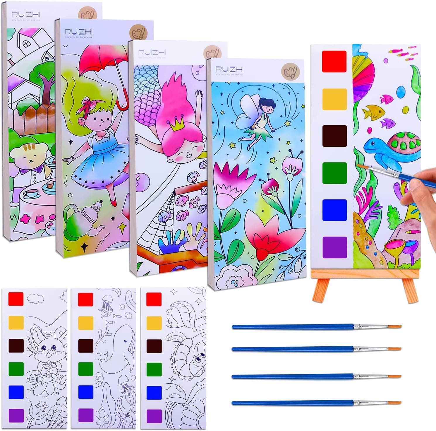JUNQIU 4Pack Paint with Water Books for Kids Ages 4-8, Mess Free Coloring for Toddlers, Watercolor Coloring Books, Easter Basket Stuffers For Girls Boys, Stocking Stuffers For Kids