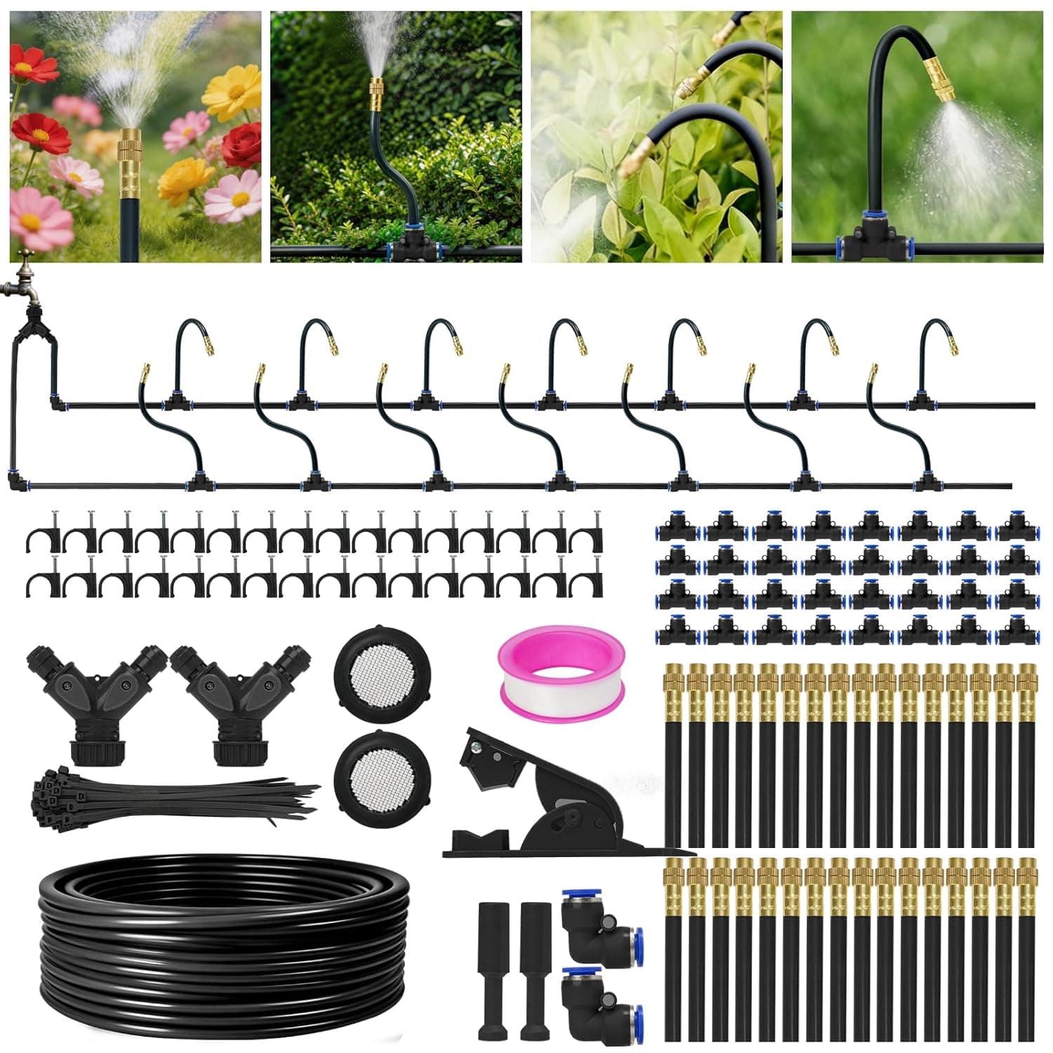 360° Adjustable Drip Irrigation System - 200FT Garden Watering System with 32 Nozzles, Garden Irrigation System, Greenhouse Accessories, Atomizing System for Yard, Lawn, Plants, 5/16 inch Hose