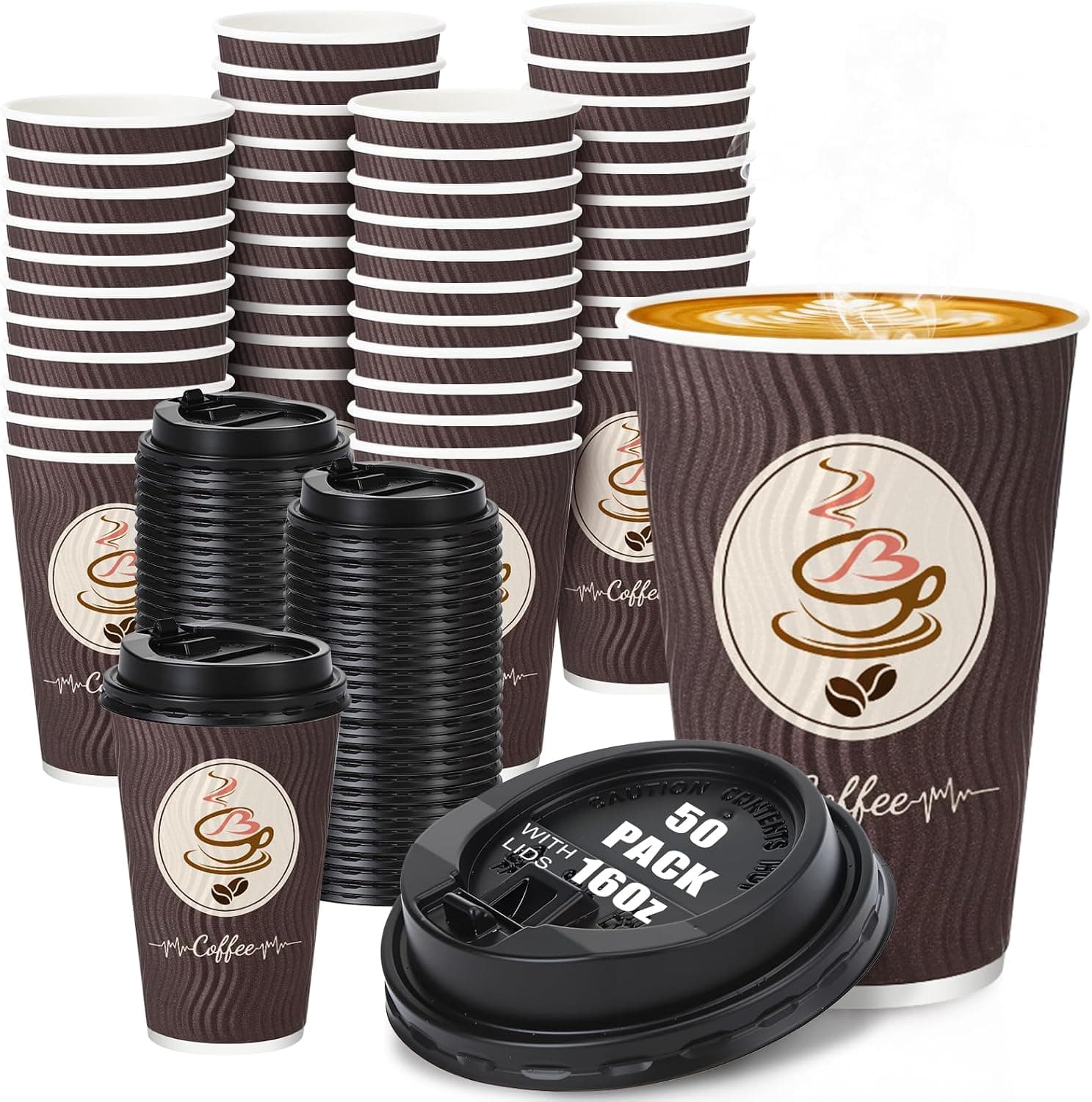 16 oz Coffee Cups with Lids 50 Pack Brown Disposable Coffee Cups To Go Paper Coffee Cup for Hot Cold Beverages