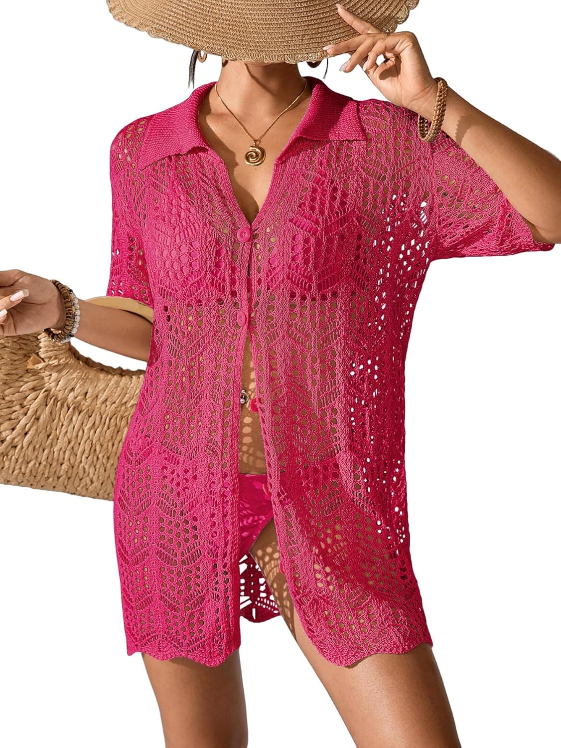Womens Crochet Knit Polo Collar Swimsuit Coverup Cardigan Summer 2026 Beach Bathing Suit Cover Up Shirt Dress - image 1