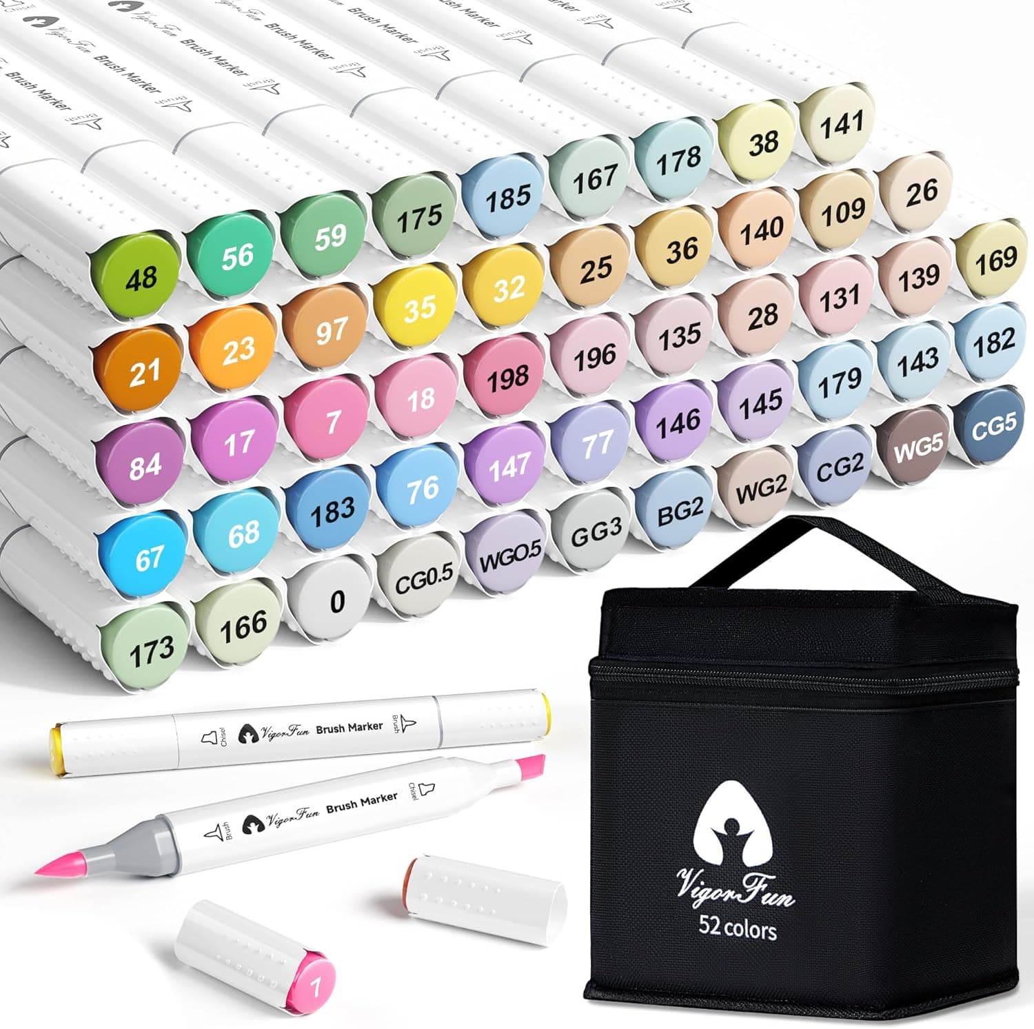 VigorFun Alcohol Markers Brush Tip, 52 Pastel Colors Dual Tip Artist Brush & Chisel Tip Sketch Art Paint Marker Pens for Adults Coloring Drawing Sketching Illustration Art Supplies Kit