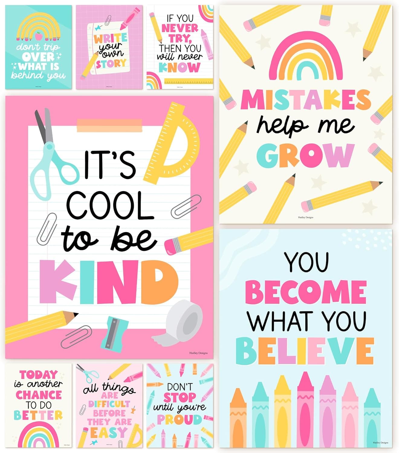Hadley Designs Motivational Poster for Classroom Decor - 9 Growth Mindset Classroom Posters Elementary, Inspirational Wall Decor Middle School, Teacher Must Haves, Pastel Bulletin Board Decorations