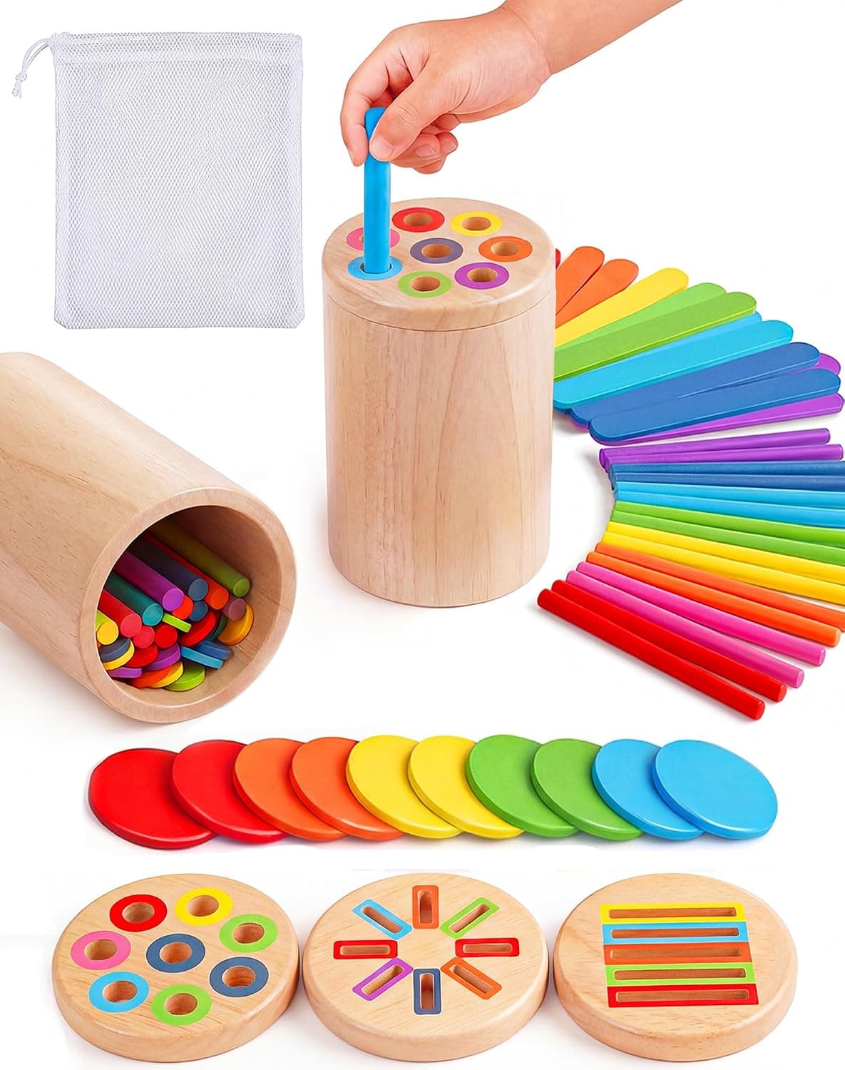 Wooden Montessori Toys for 1, 2,3 Year Old: 3 in 1 Fine Motor Skills, Learning Color Matching Sorting Sensory - Easter Basket Stuffer for Toddler Boy Girls - 18 Month