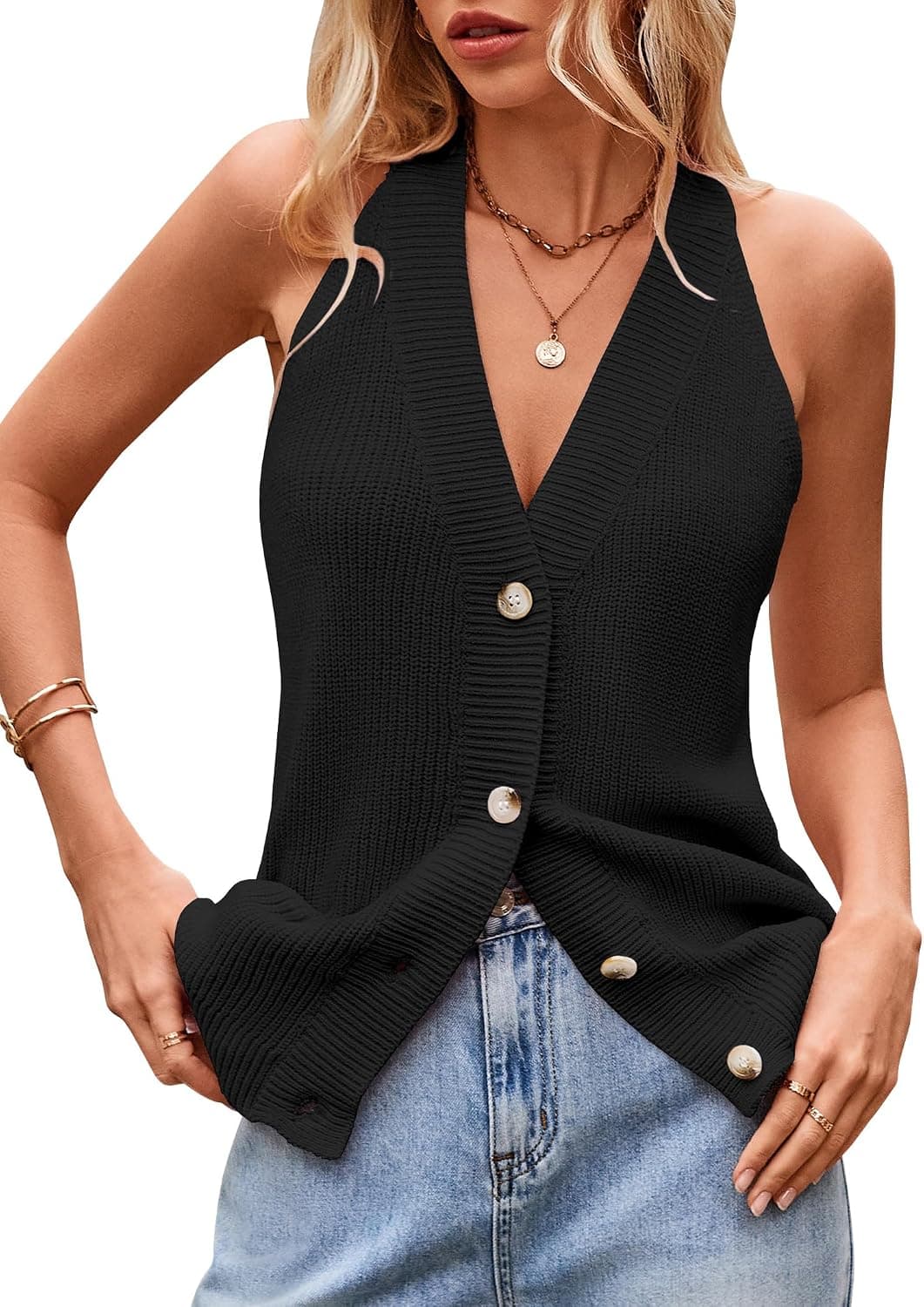 Women Sweater Vest Button Down V Neck Knit Tank Top Sleeveless Cardigans Black XL