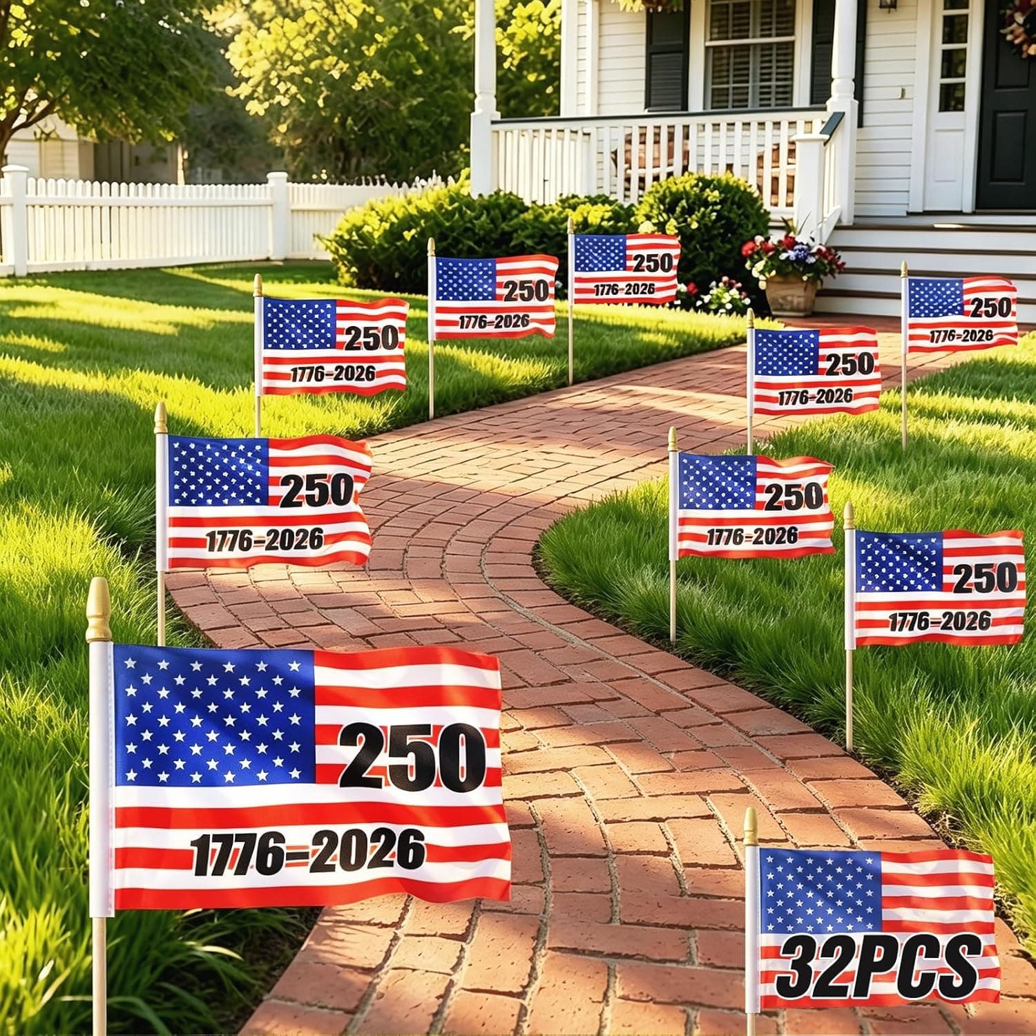 32 Pack 250th Anniversary American Flags on Stick, 4x6 Inch Mini USA Patriotic Handheld Flags 1776-2026 for 4th of July Outdoor Parade Decorations