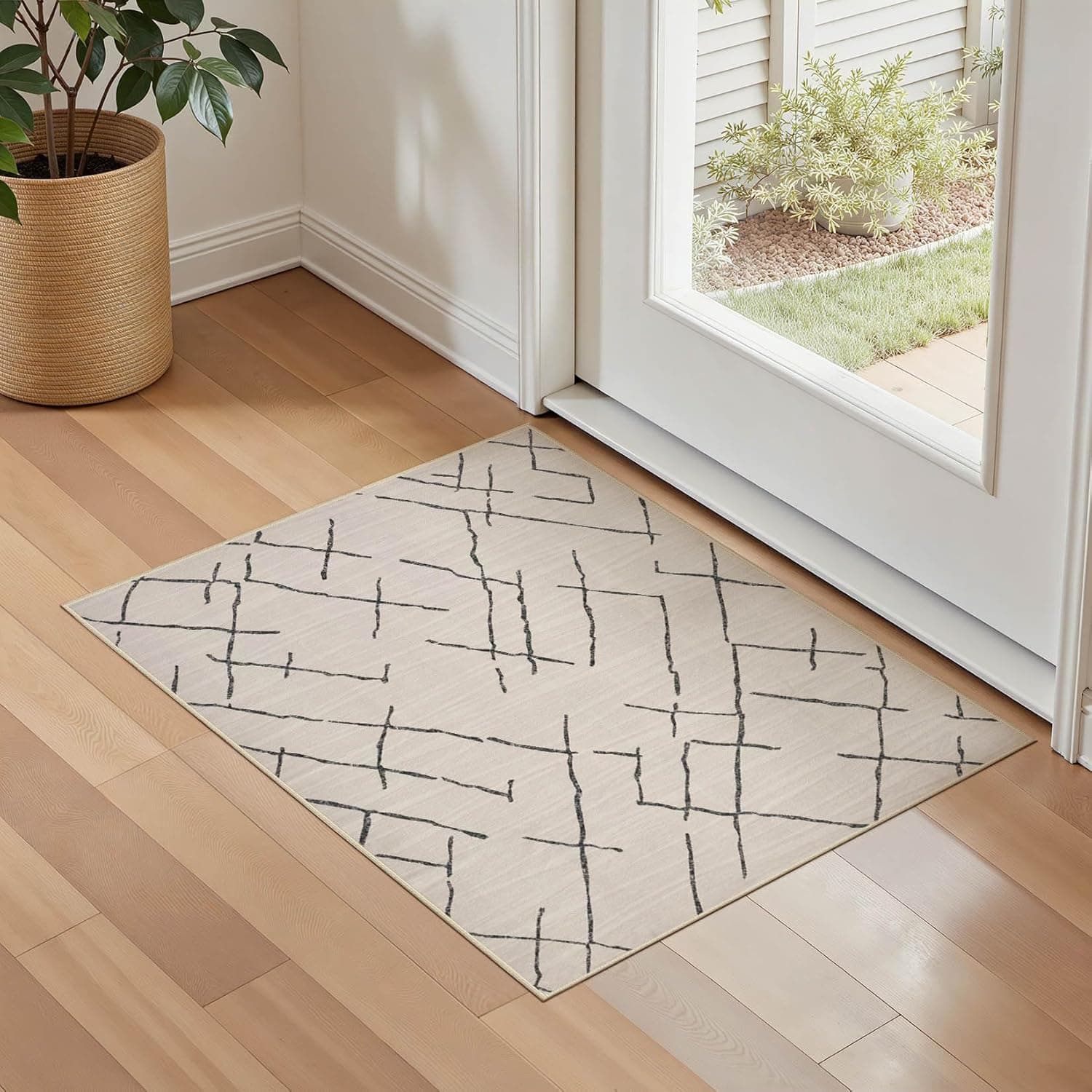 kakania 2x3 Washable Entryway Rug: Non Slip Soft Thin Small Rug, Boho Geometric Modern Decor, Easy Clean Indoor Floor Door Mat for Kitchen Bedroom Kids Dorm - Beige