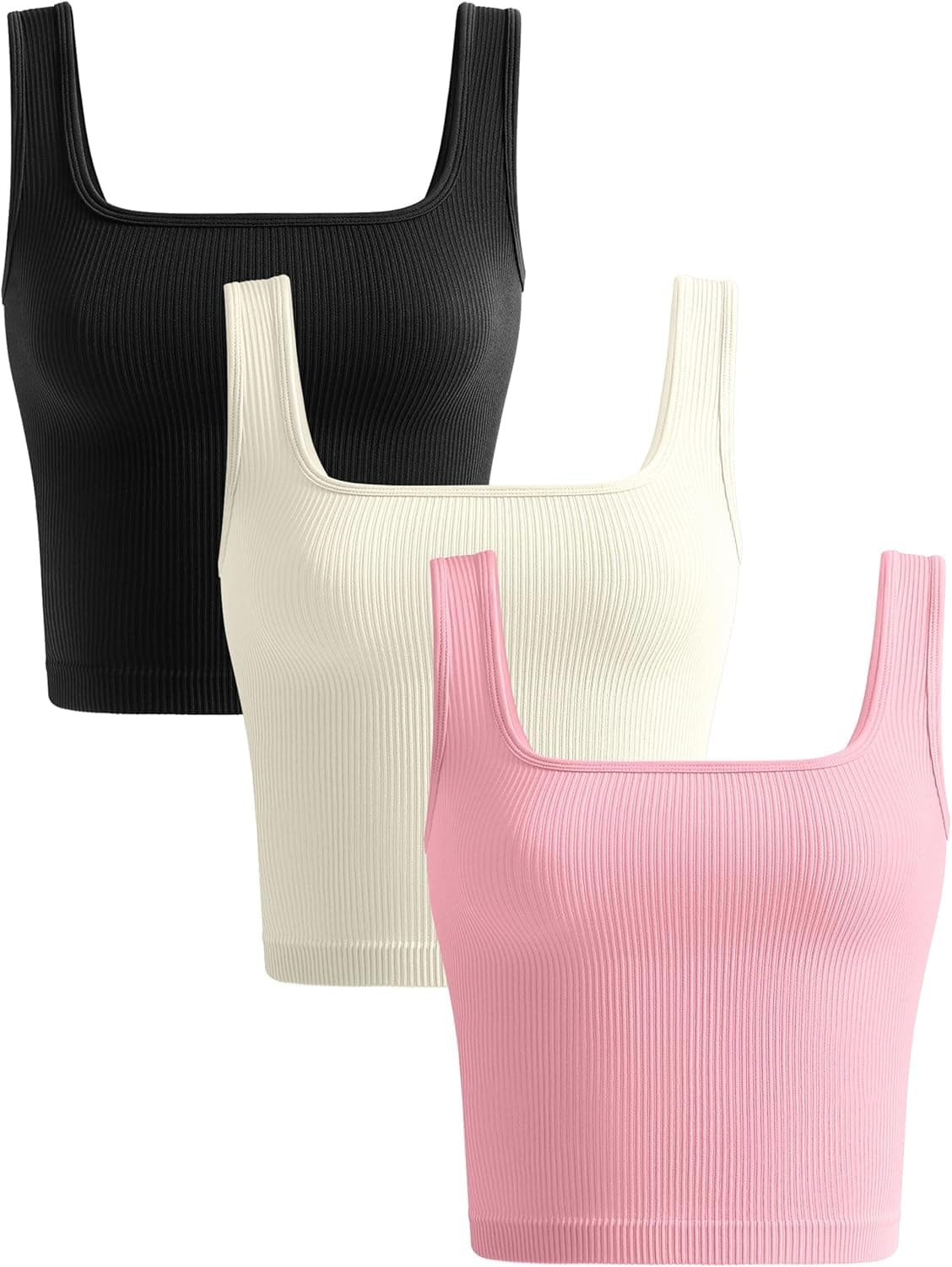 KIKIMINK Womens Crop Tank Tops 3 Pack Seamless Ribbed Sleeveless Square Neck Workout Yoga Gym Shirts Fitted Basic Camisole
