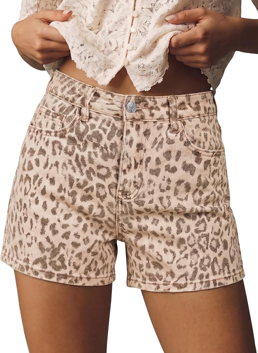 luvamia Jean Shorts for Women Trendy High Waisted Cheetah Leopard Animal Print Stretchy Denim Shorts Summer Casual Jorts
