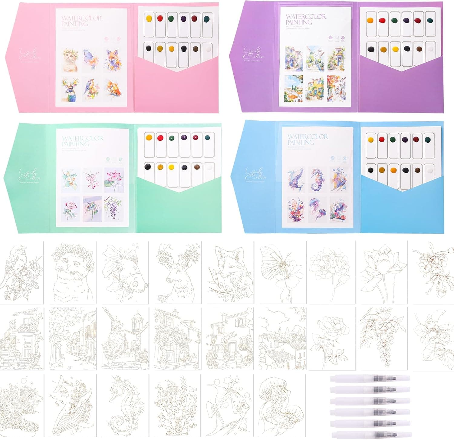 Watercolor Coloring Book, Watercolor Practice Book, Watercolor Painting Set Ideal for Beginners and Watercolor Enthusiasts (Set of Four)