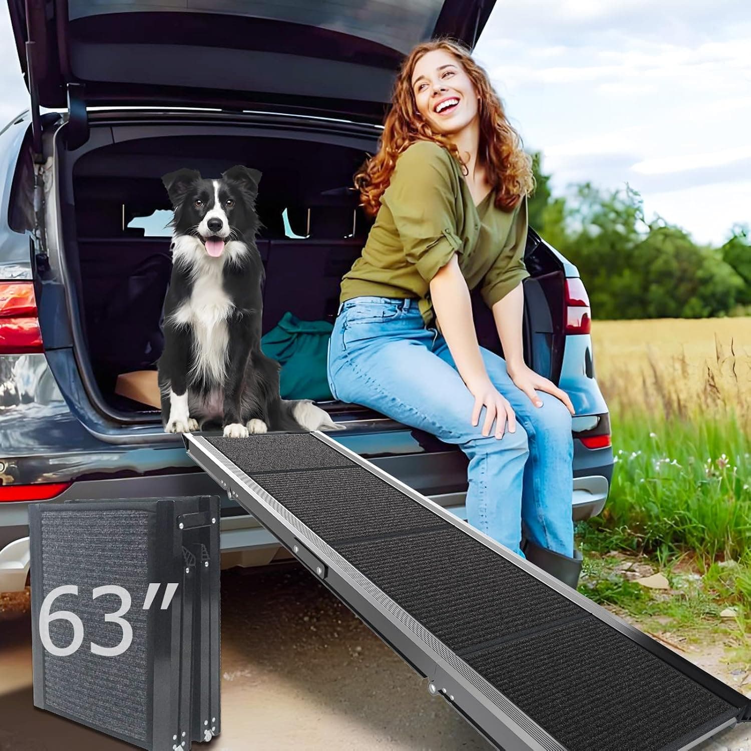 Dog Ramp for Cars SUV Truck-17.3x71in Heavy Duty Foldable Wide Outdoor Pet Stairs with Non-Slip Surface Portable Folding Design for Large Dogs Up to 250lbs (63" L x 17.3" W) - image 1