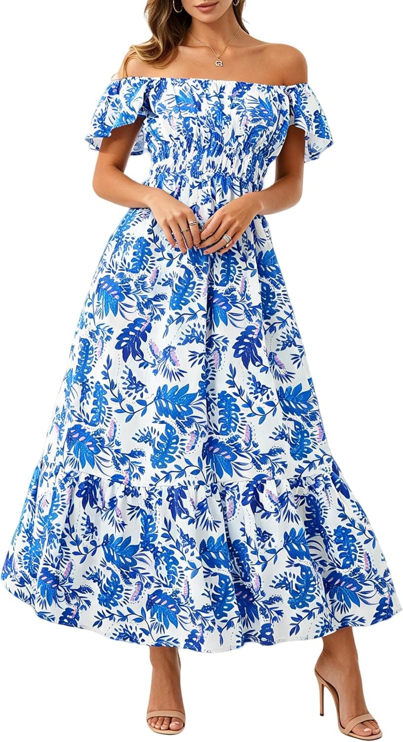 Women's Summer Casual 2026 Off the Shoulder Ruffle Flutter Short Sleeve Square Neck Smocked Leaf Print Rayon Empire Elastic Waist Tiered Flowy Long Dress Ladies Vocation Bohemian Blue Floral Dresses