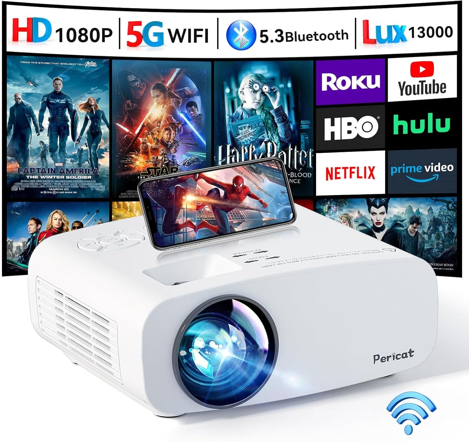 Pericat Projector with WiFi and Bluetooth, 4K Supported Native 1080P Portable Outdoor Home Theater Projector - image 1