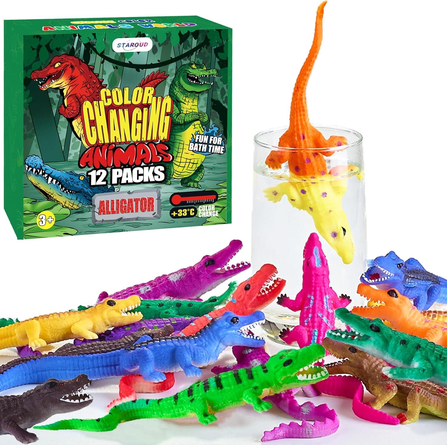 Color Changing No Hole Bath Toys for Toddlers Kids, Color Change Alligator Toy Reptile Animal Toys (12 Pack), 6'' Stretchy Rubber Animals Crocodile Toy Water Table Toys Reptile Party Favors - image 1