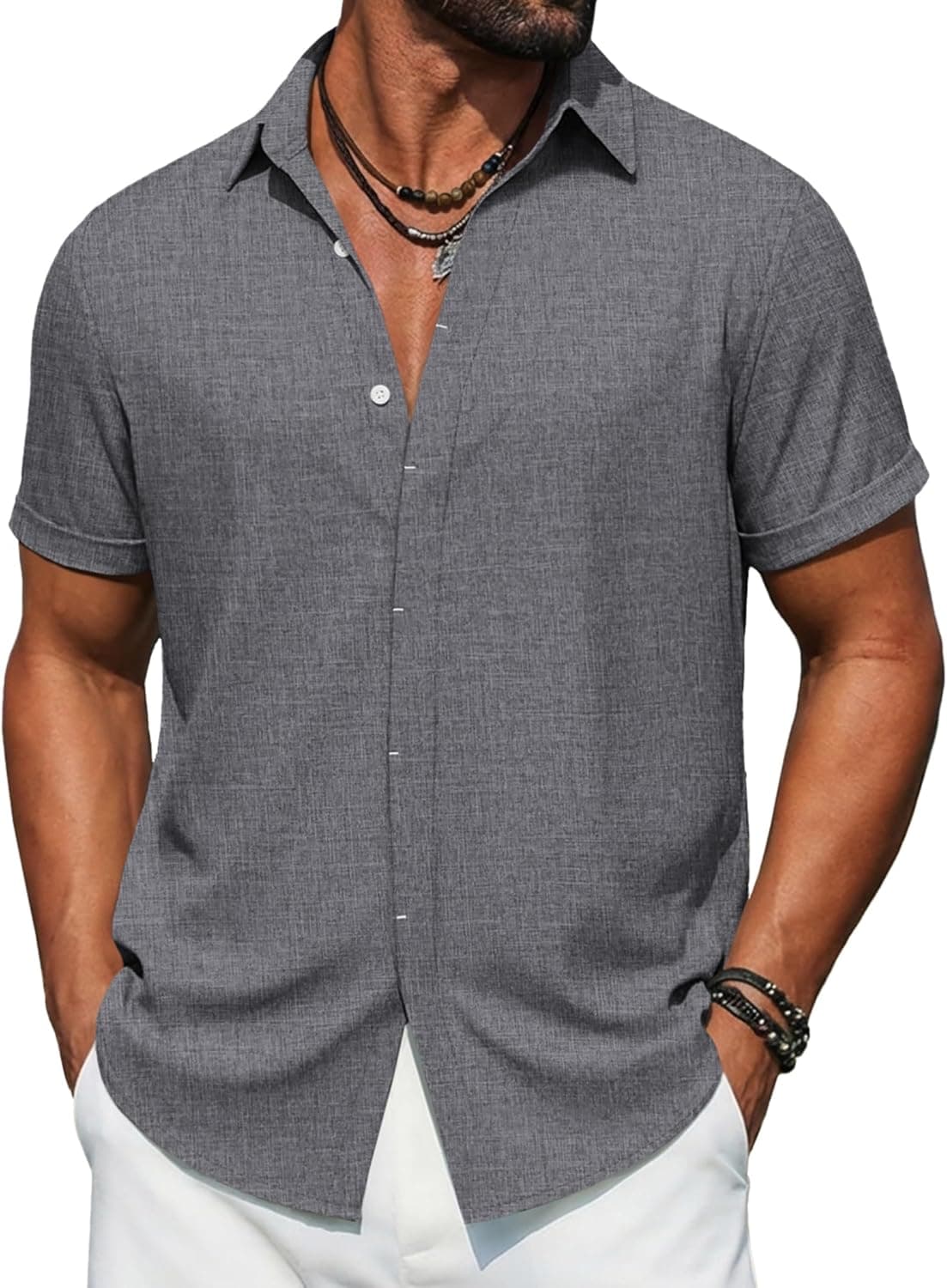 Men's Button Down Short Sleeve Linen Blend Shirt - Summer Vacation & Beach Style - image 1