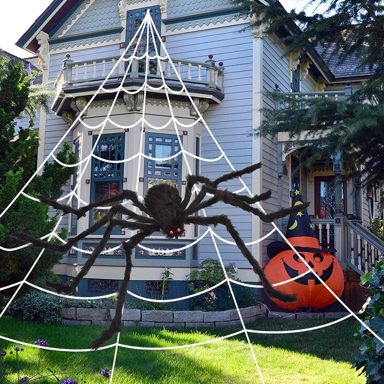 200" Halloween Decorations Spider Web Outdoor +59" Giant Spider Décor by OCATO Store