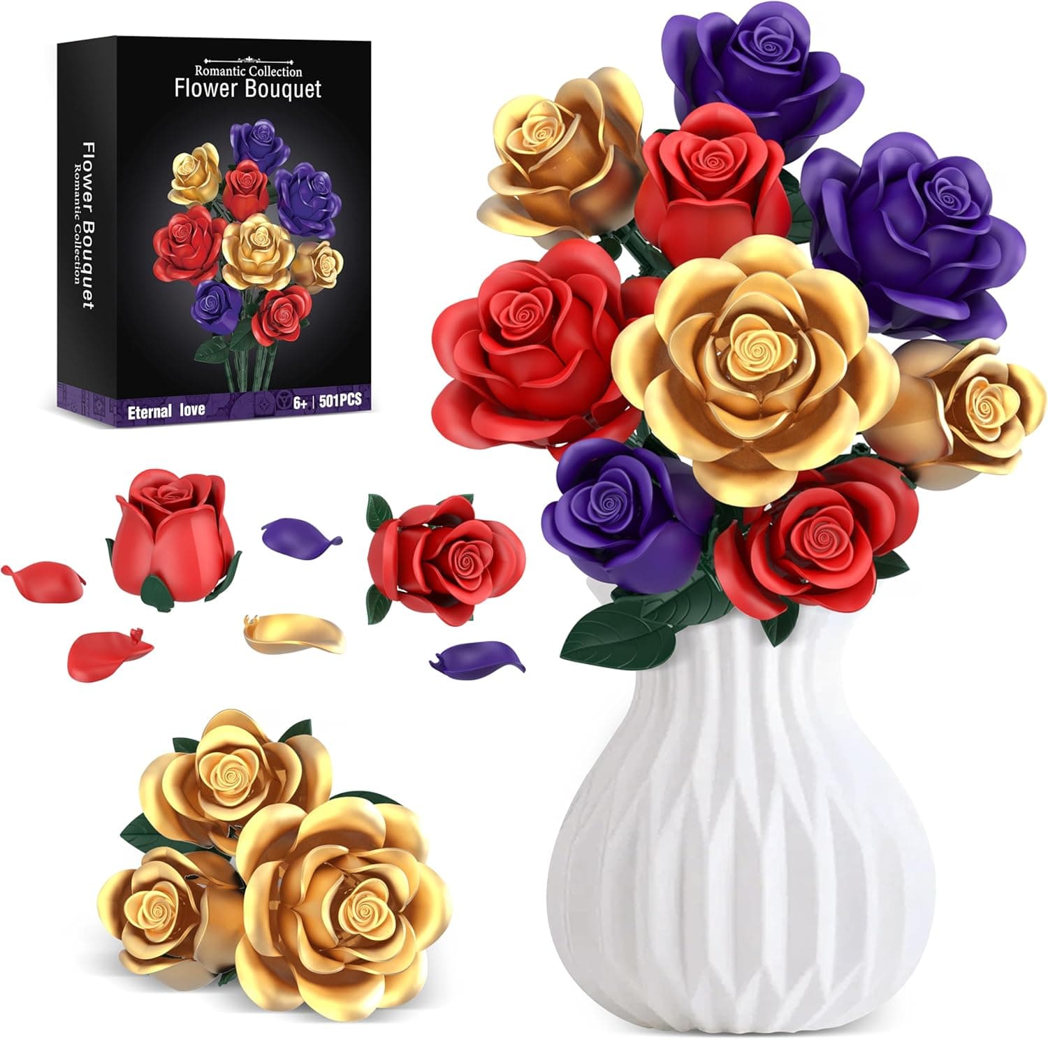 Rose Bouquet Flowers Building Set, 501Pcs Red Purple Golden Roses Artificial Flowers Botanical Collection Compatible with Lego Flowers Home Office Table Decor Gifts for Her/Mom/Girlfriend/Wife/Couple - image 1