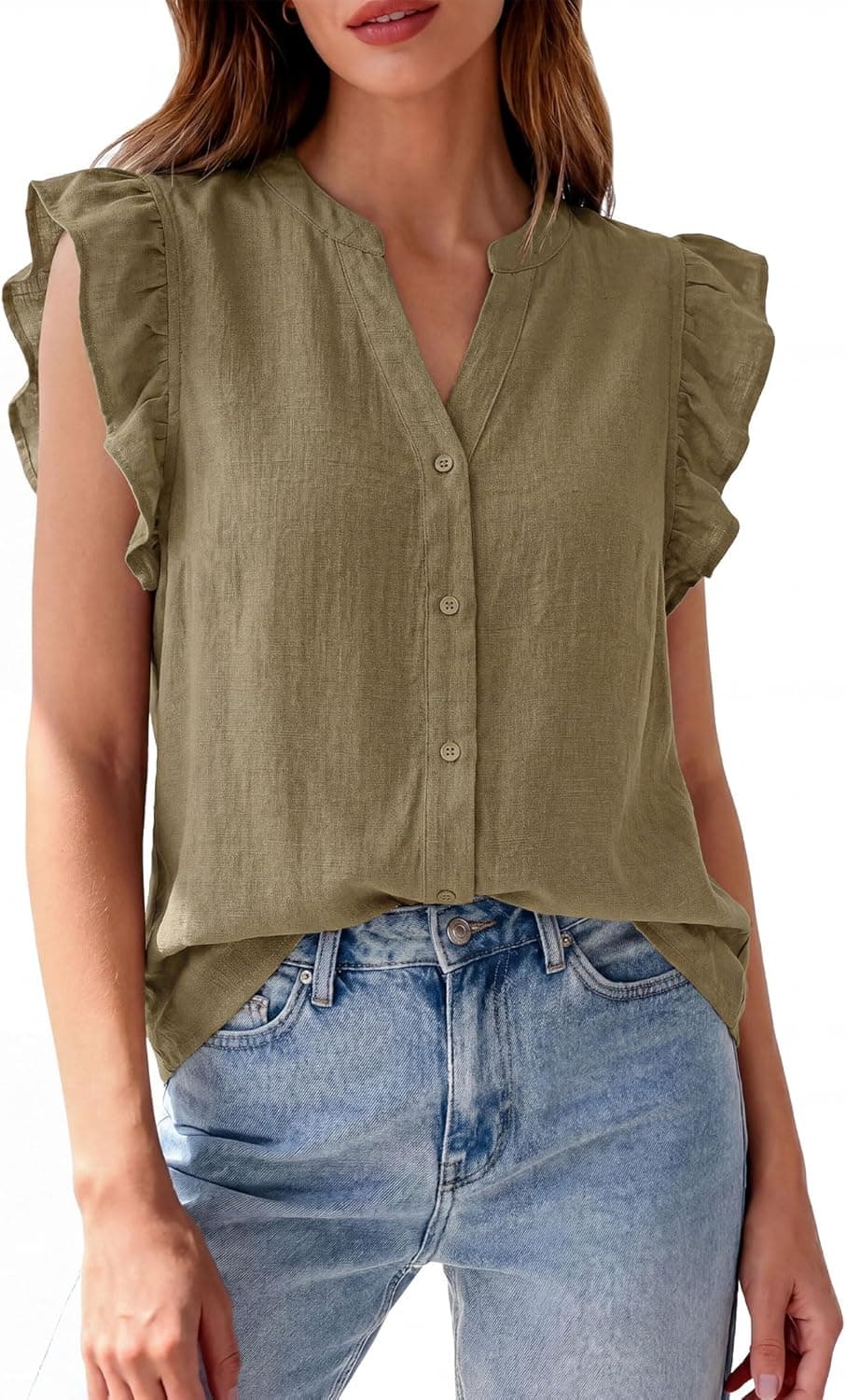 Zenlonr Women's Ruffle Short Sleeve Summer Tops 2026 V Neck Button Down Shirt Solid Color Going Out Tops