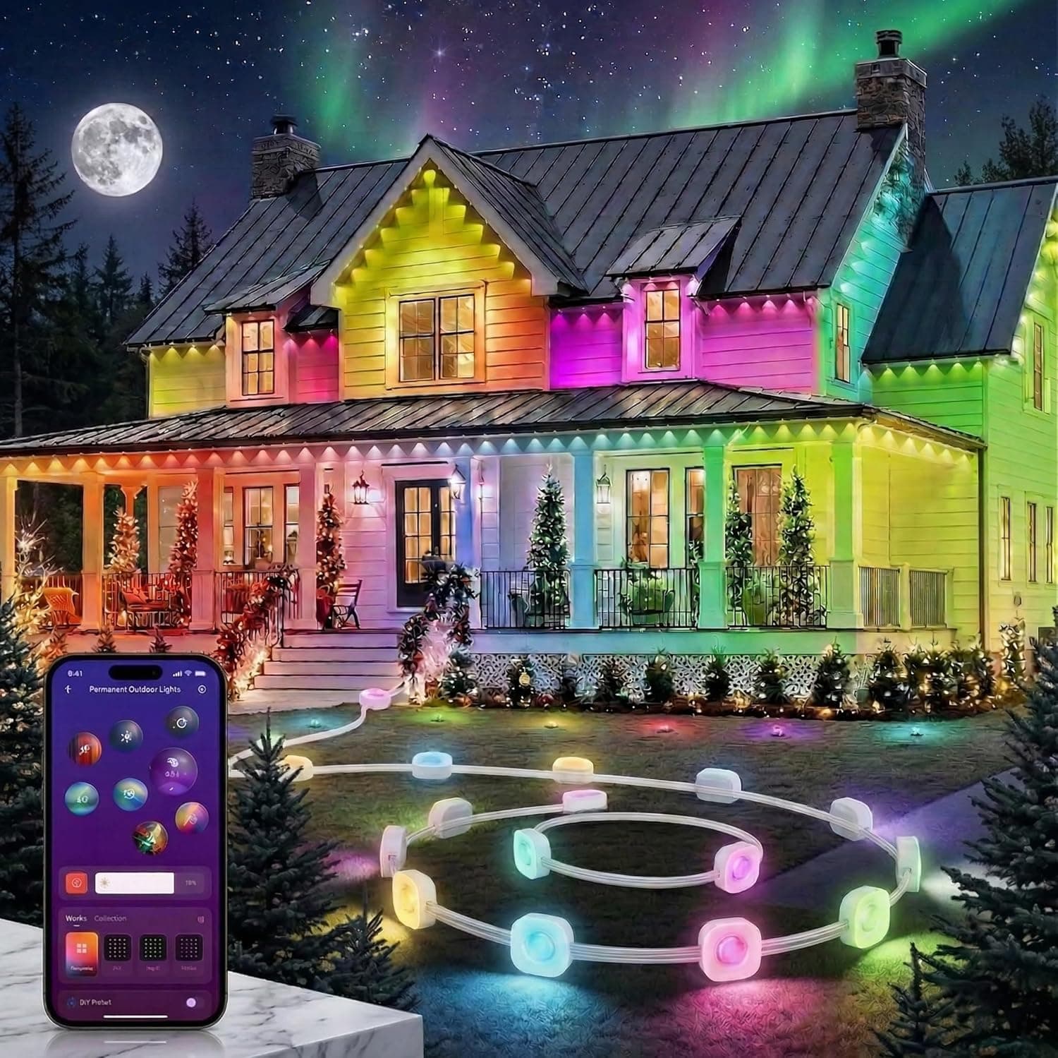 YEELIGHT Permanent Outdoor Lights, 100FT RGB LED String Lights with 16 Million Colors and Music Sync, Outside Lights for House with App Control, Waterproof Outside Eaves Lighting Decor for Parties