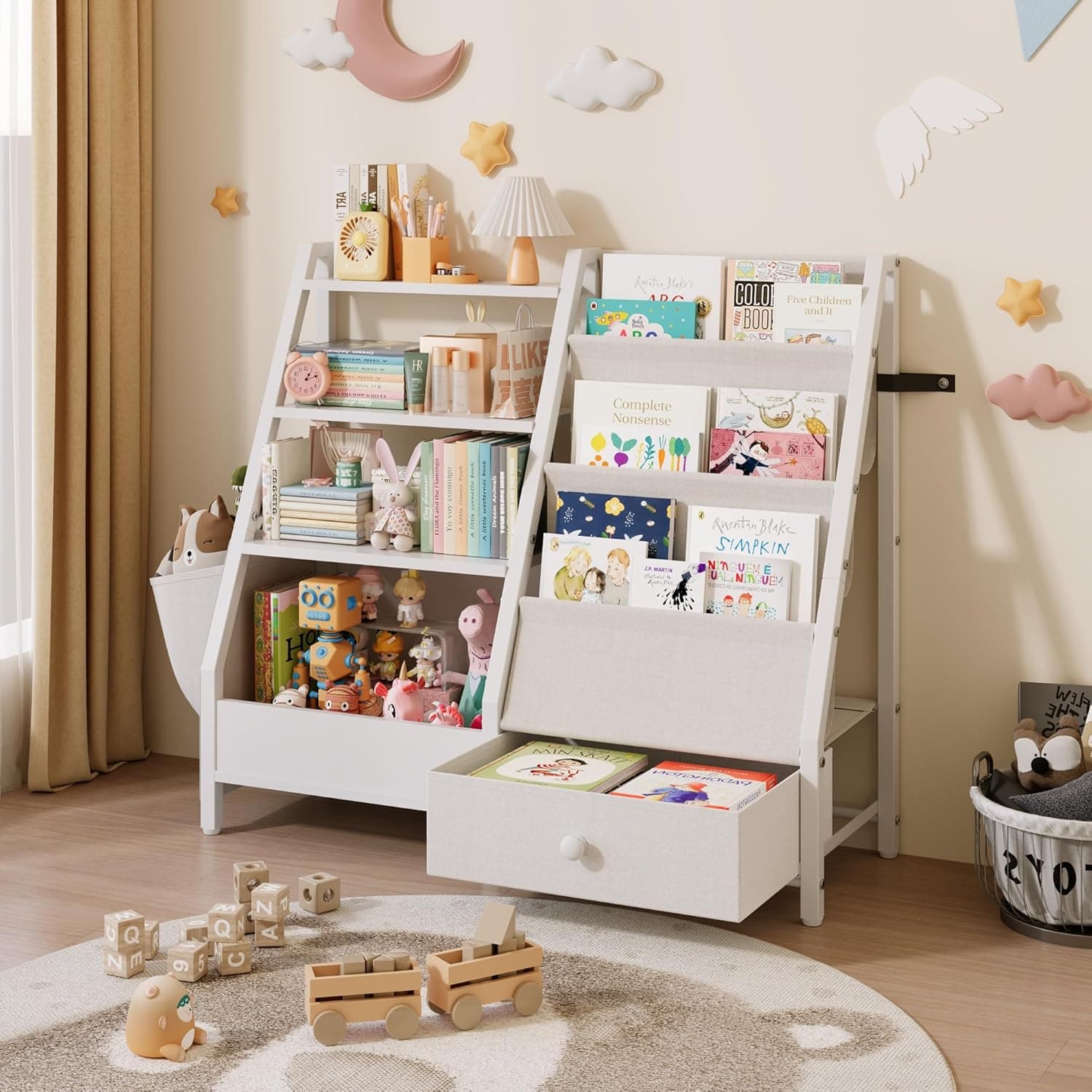 Kids Bookshelf and Toy Storage Organizer, Montessori 3 Tier Baby Toddler Sling Book Shelf with Drawer Pockets for Kids Room, Nursery, Playroom, Bedroom, White