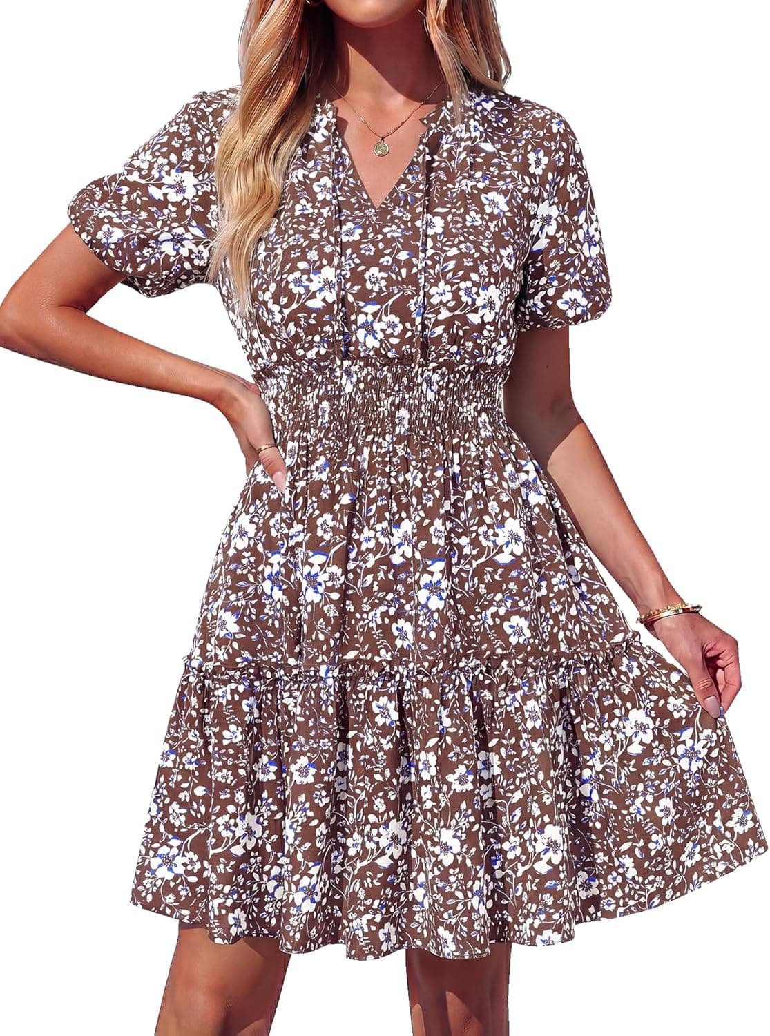 BTFBM Summer Mini Dresses for Women 2026 Ruffle Short Sleeve Elastic Waist Floral Beach Vacation Wedding Guest Dress - image 1