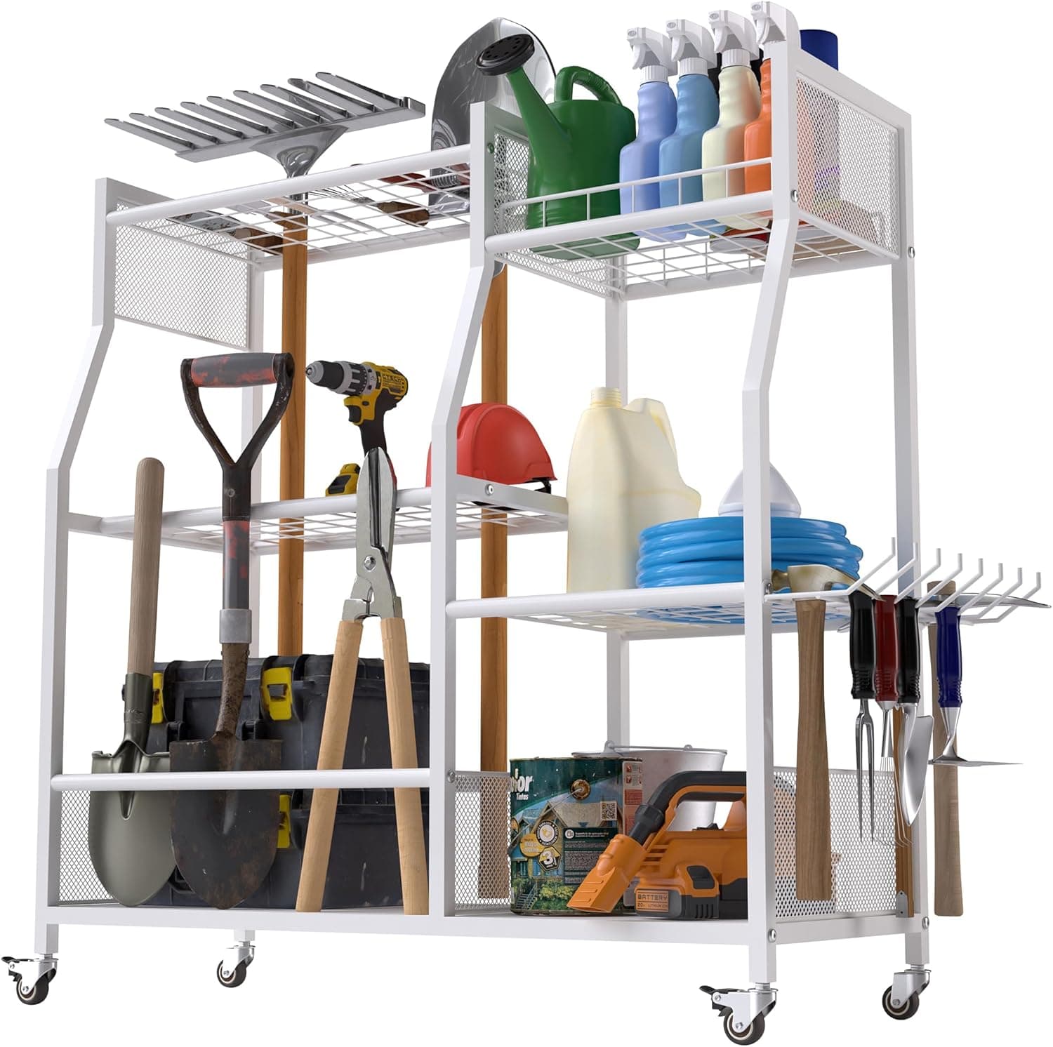 HOTEAGLE Yard Tool Organizer for Garage 35.4" Width High Stability Outdoor Metal Utility Rolling Cart with Mute Wheels, 18.5mm Thick Rods Ideal Garden Tool Rack, Easy to Clean,White - image 1