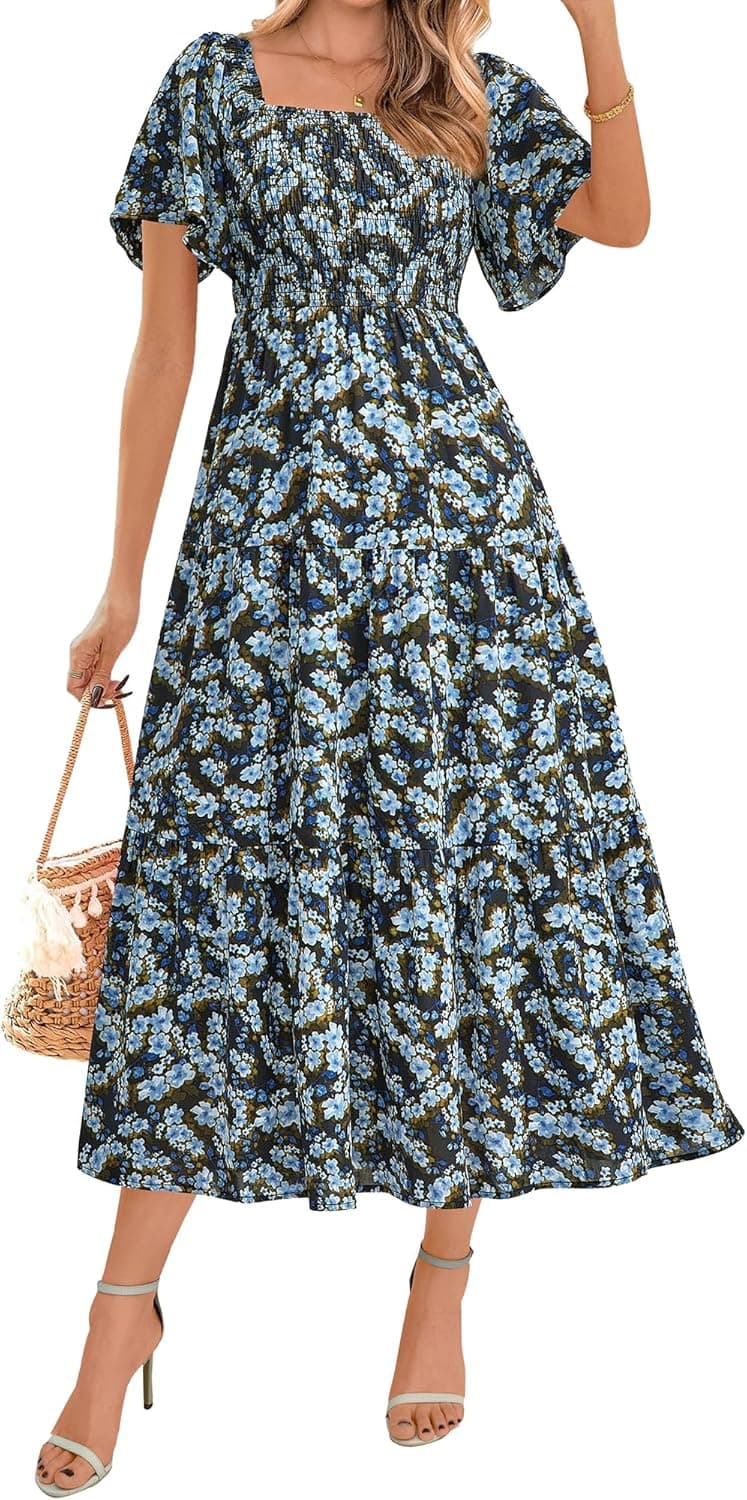 BTFBM Women's Clothing Wedding Guest Dresses Casual Boho Floral Short Sleeve Smocked Maxi Beach Spring Summer Dress 2026