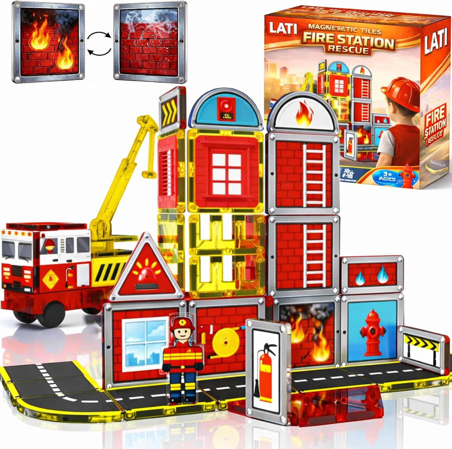 LATI Fire Rescue Magnetic Tiles for Kids,Double-Sided Fire & Rescue Blocks with Fire Truck, Station, Roads & Crane, STEM Magnetic Building Blocks for Boys & Girls Ages 3-8 - image 1