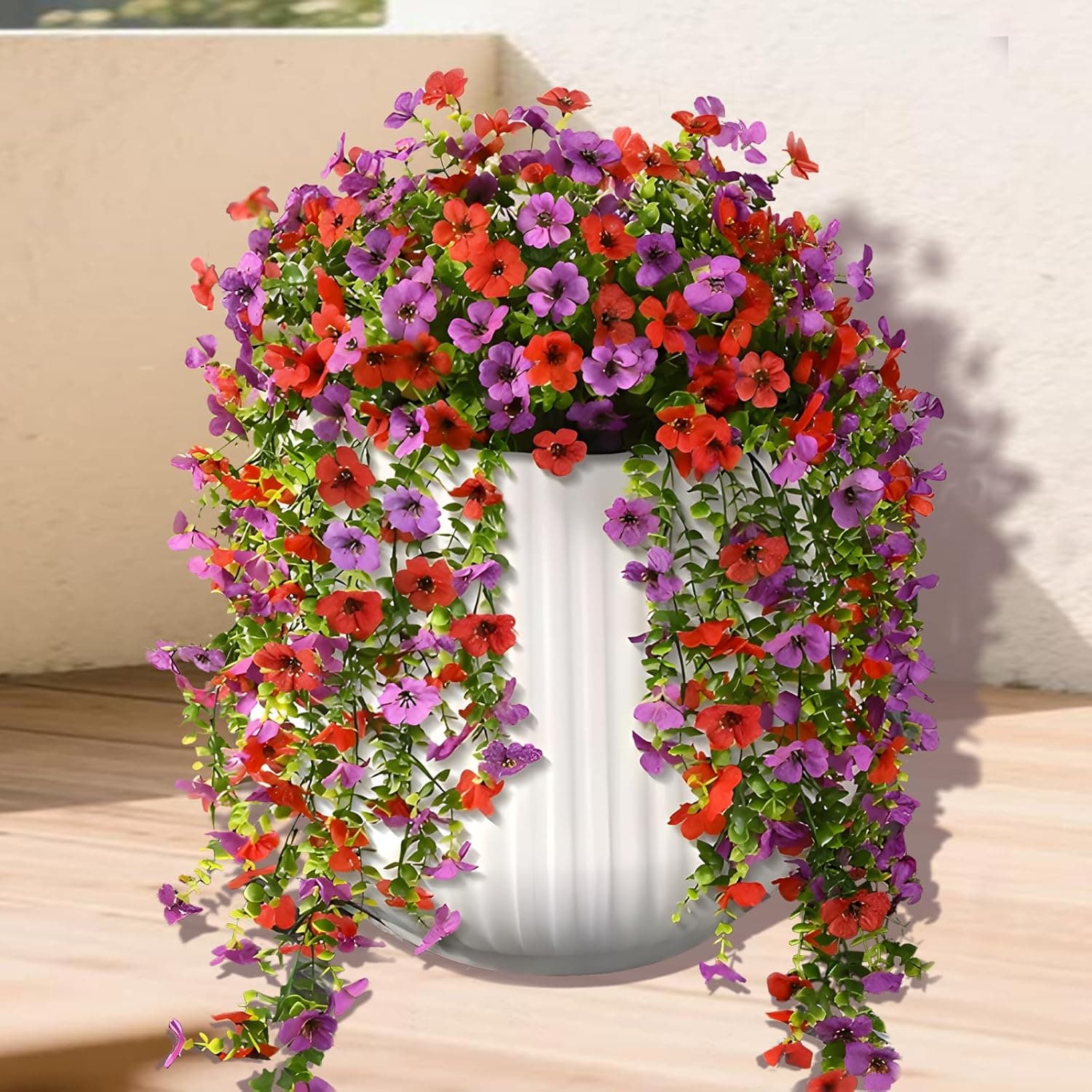 Artificial Fake Flowers Plants for Outdoors, 2 PCS UV Resistant Faux Silk Daisy with Eucalyptus Leaves Hanging Flowers for Home Garden Balcony Yard Porch Decor(Purple Red)