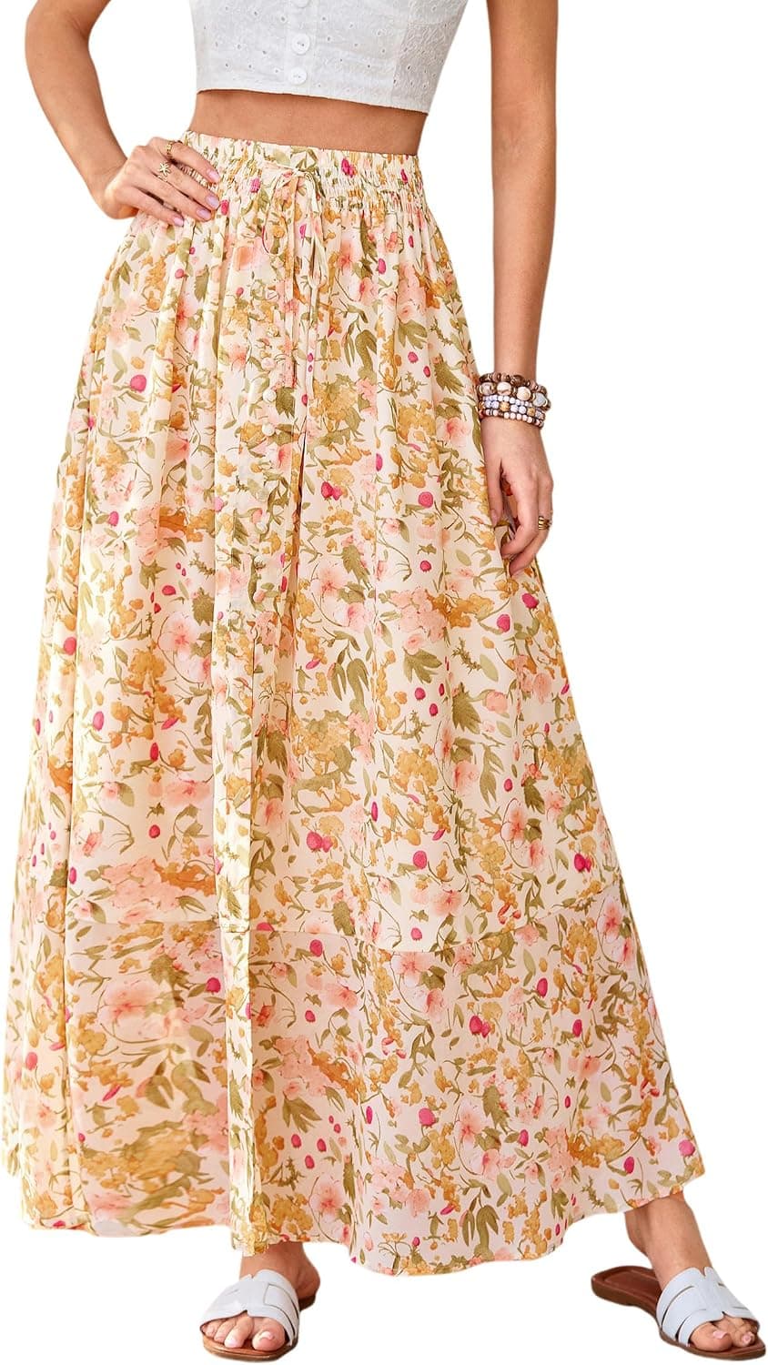 PRETTYGARDEN 2026 Summer Maxi Long Skirts for Women Trendy Boho Floral High Waisted Slit Flowy Travel Beach Vacation Clothes