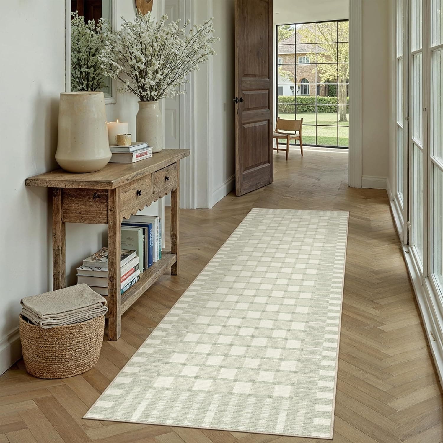 Checkered Runner Rug 2x6 for Hallways Green Washable Long Carpet Non-Slip Low Pile Boho Indoor Accent Throw Rug for Entrance Kitchen Bedroom Dining Laundry
