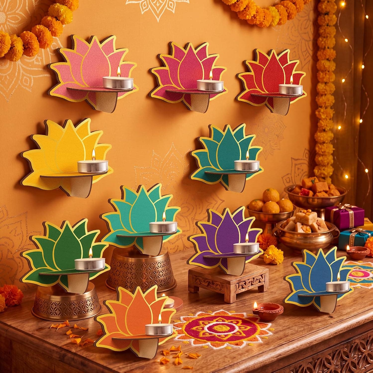 SiliFine 10 Pack Diwali Wooden Lotus Wall Decor Tea Light Holders (3x4")