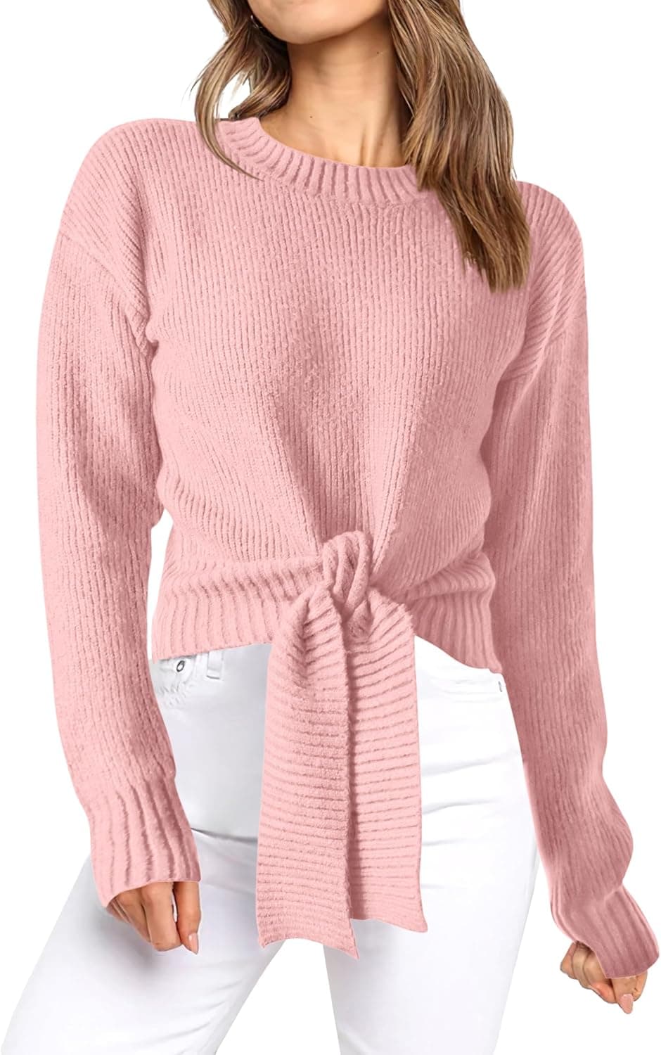 Okiwam Women's Long Sleeve Cropped Sweaters Casual Knit Pullover Tie Front Crew Neck Fall Outfits Spring Fashion Clothes 2026 - image 1