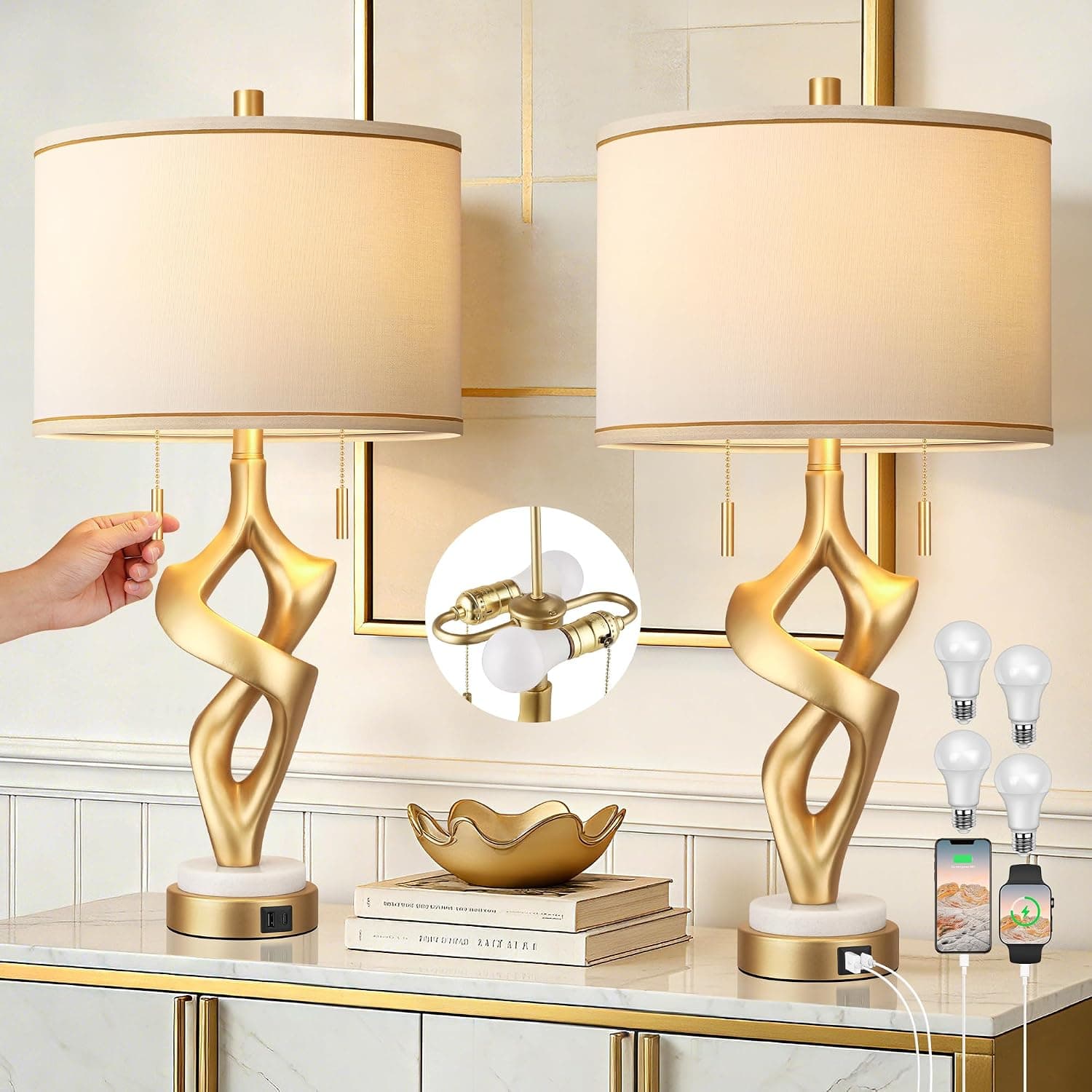 ROTTOGOON Gold Table Lamps for Living Room Set of 2, Modern Nightstand Lamps with Marble Base & Charging Ports, Rustic Resin Table Lamp for Bedrooms with Pull Chains Switch, 4 x Bulbs Included, 26" - image 1