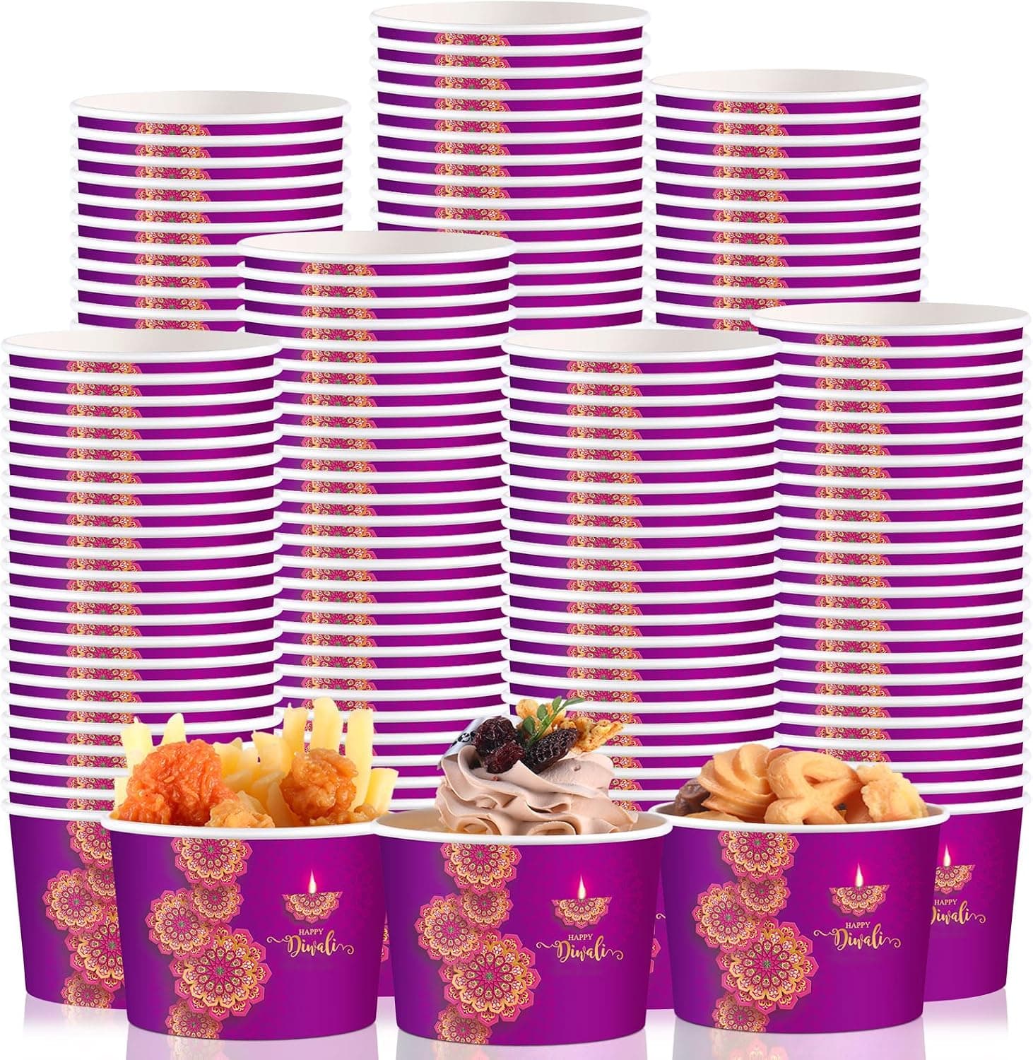 50 Pcs Diwali Paper Cups 9oz Disposable Deep Purple Snack Bowls