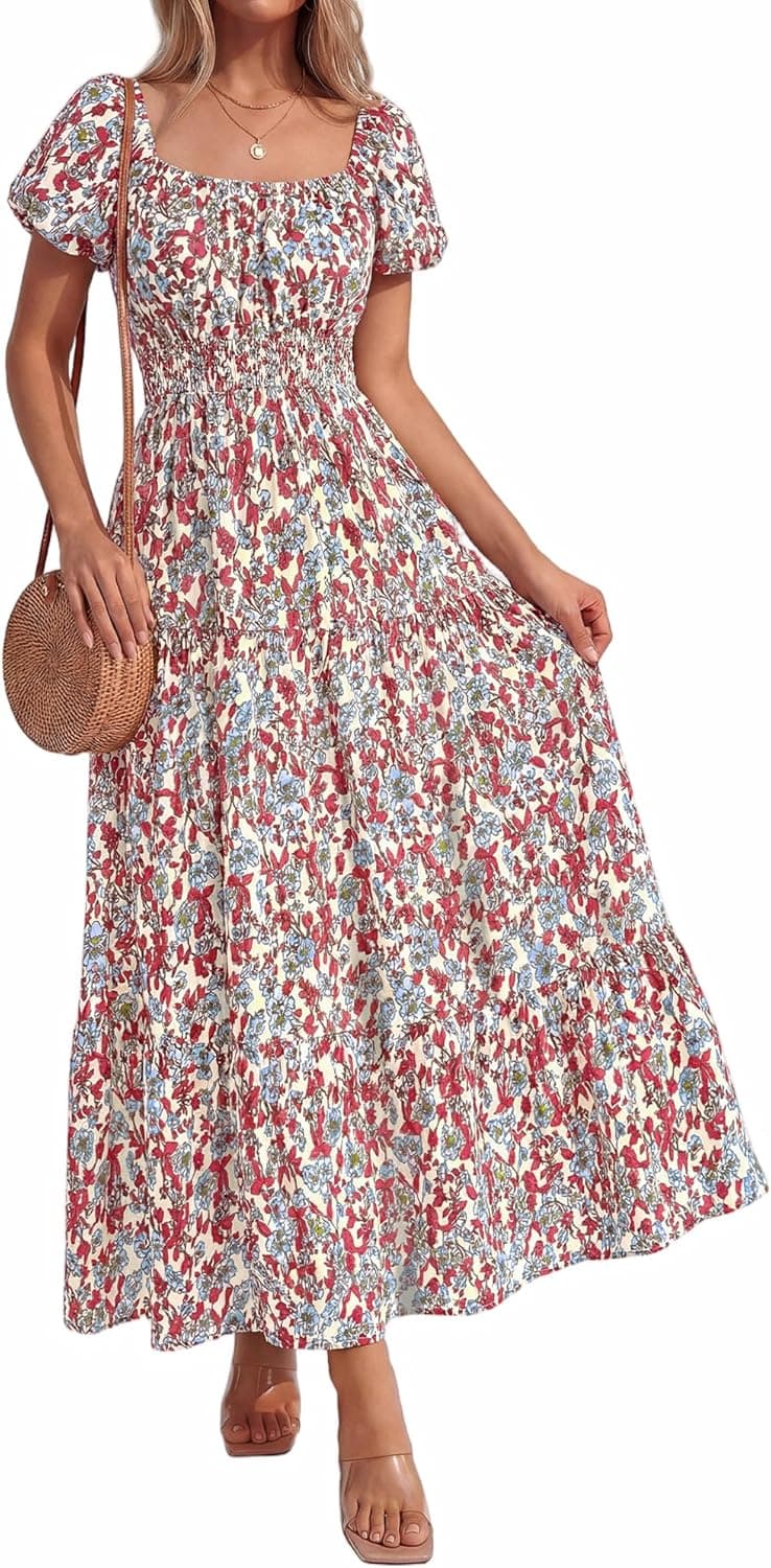 BTFBM Summer Dress for Women 2026 Spring Floral Short Sleeve Casual Flowy A-Line Smocked Tiered Maxi Dresses Pockets - image 1