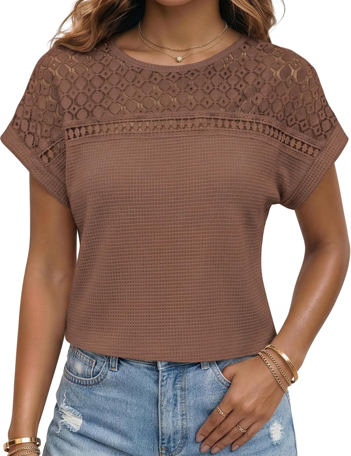 Womens Waffle Knit Tops Short Sleeve Hollow Out Shirts Loose Fit Casual Summer Tops Dressy Business Casual Blouses - image 1