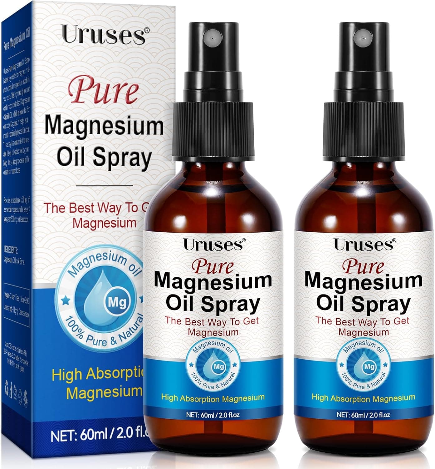 Pure Magnesium Oil Spray, Magnesium Oil for Feet, Topical Magnesium Spray for Feet,Magnesium Body Oil, Glass Bottle, Easy to Absorb & Use -2.0 oz (Pack of 2)