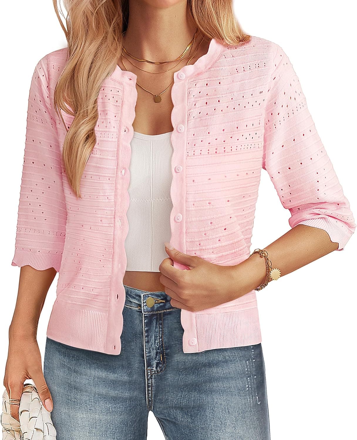 GRACE KARIN Womens 3/4 Sleeve Cardigan Sweater, Lightweight Cropped Cardigan Trendy, Dressy Casual Crochet Bolero Shrugs
