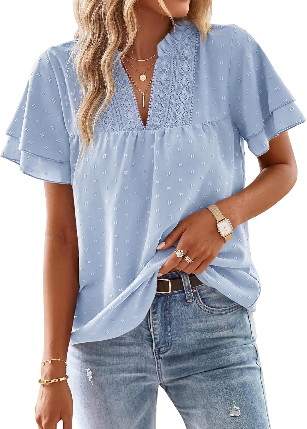 Women's V Neck Dressy Blouses Butterfly Short Sleeve Tunic Tops Trendy Boho Flowy Swiss Dot Shirts - image 1