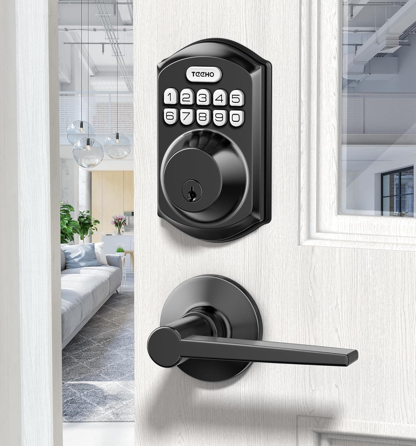 TEEHO TE001L Keyless Entry Door Lock with 2 Handles - Electronic Keypad Deadbolt with Door Lever, Front Door Handle Sets, Auto Lock, Easy Installation, Matte Black